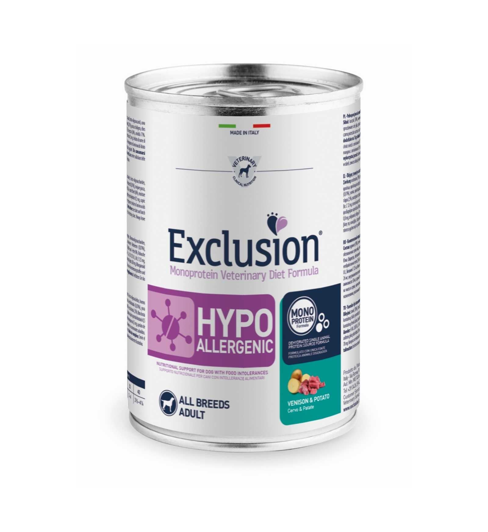 EXCLUSION CANE DIET ADULT ALL BREED HYPOALLERGENIC CERVO E PATATE DA 400 GR IN LATTINA