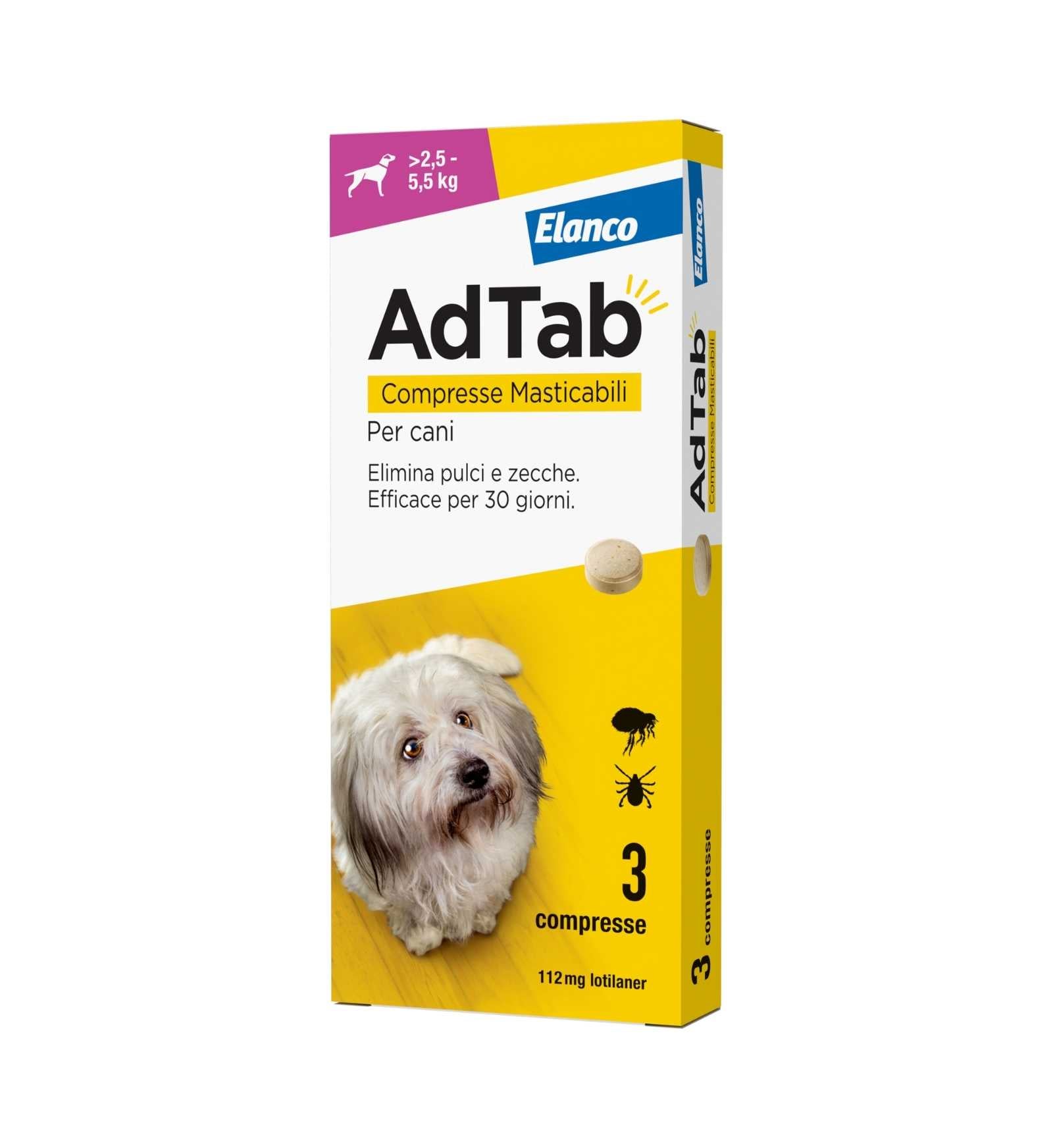 ELANCO ADTAB ANTIPARASSITARIO PER CANI 2,5 A 5,5 KG COMPRESSE MASTICABILI 3X112 MG