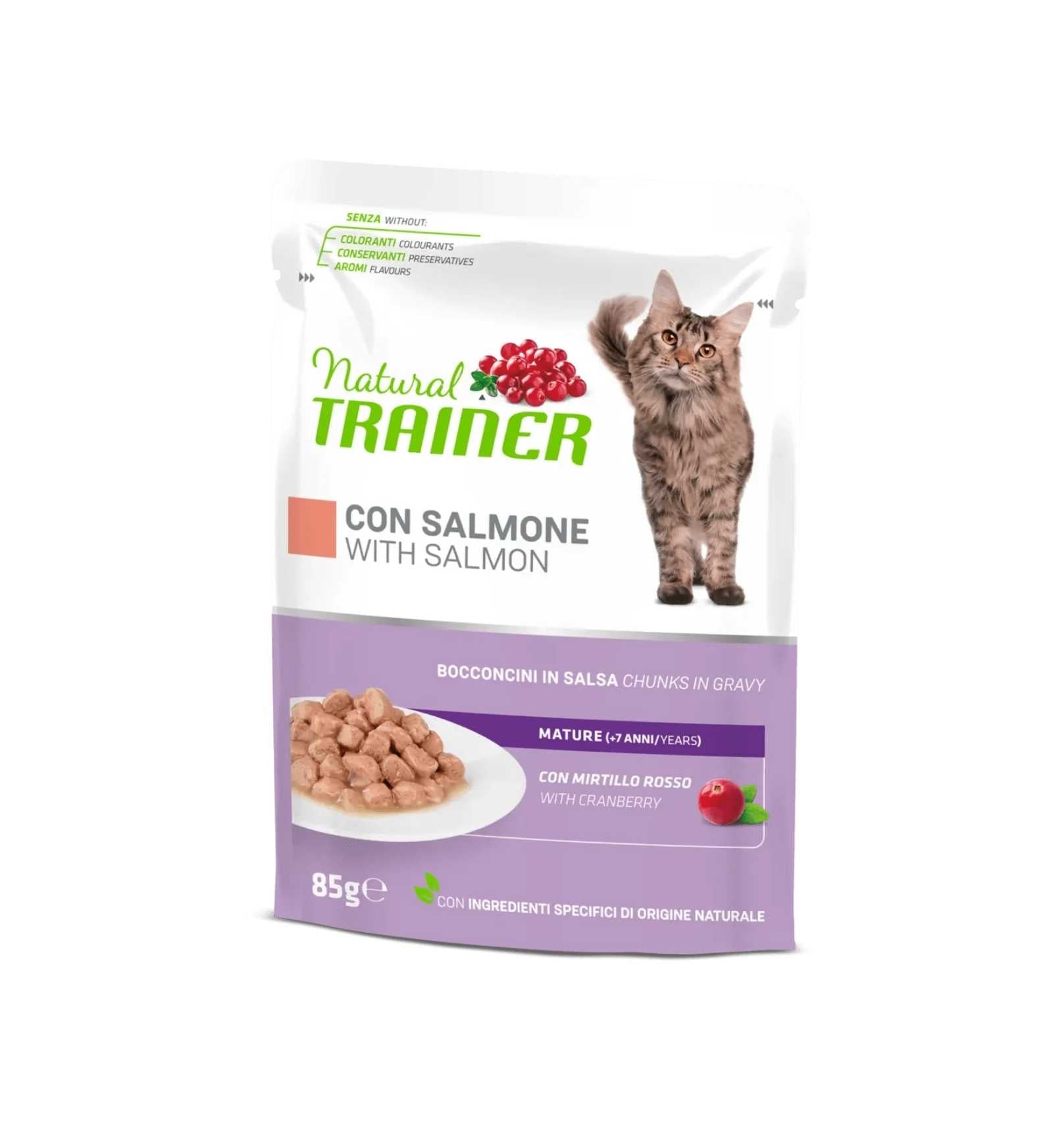 TRAINER GATTO NATURAL MATURE SALMONE BOCCONCINI IN SALSA DA 85 GR IN BUSTA