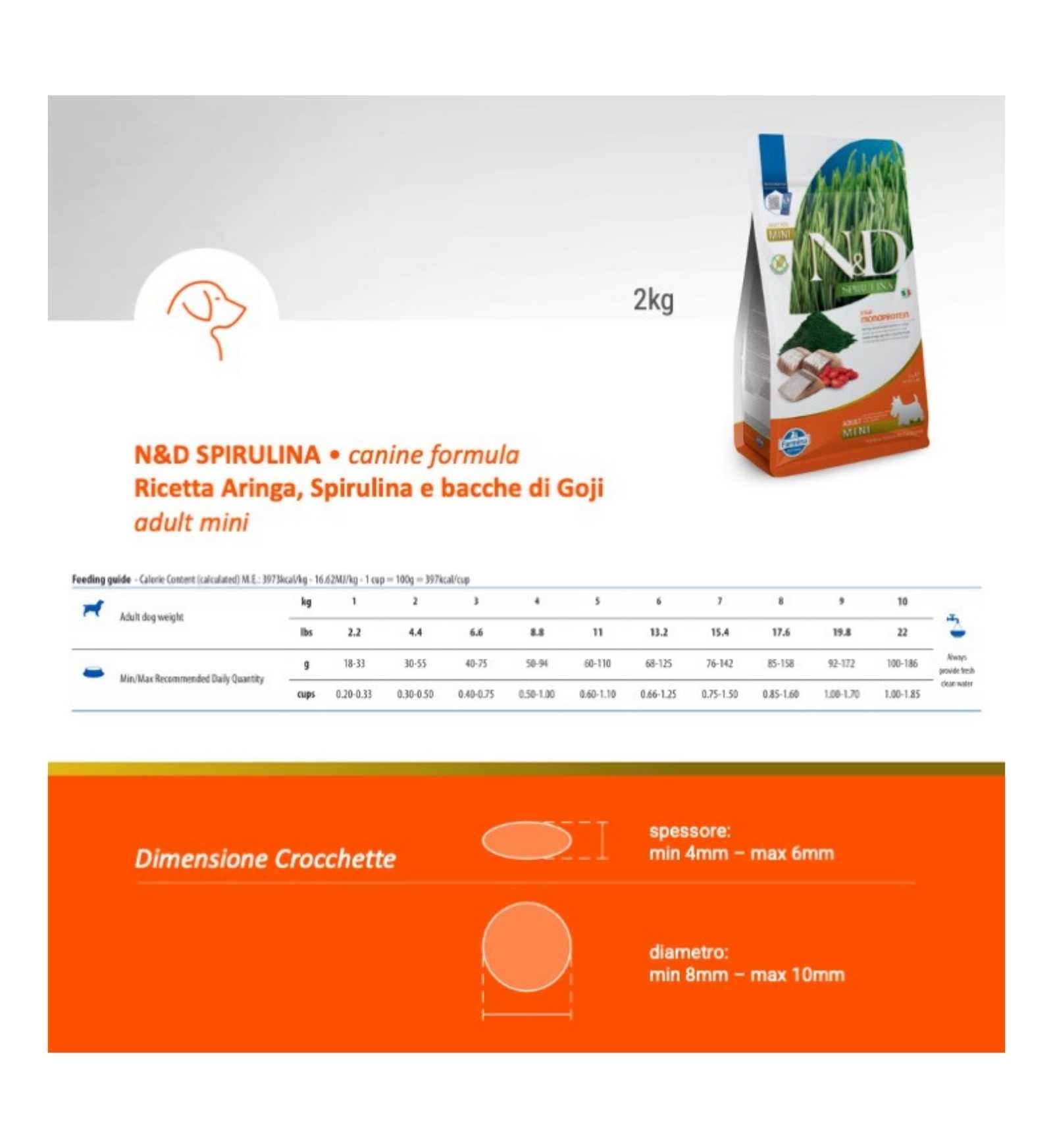 FARMINA N&D DELICIOUS GRAIN FREE CANE ADULT MINI SPIRULINA ARINGA DA 2 KG