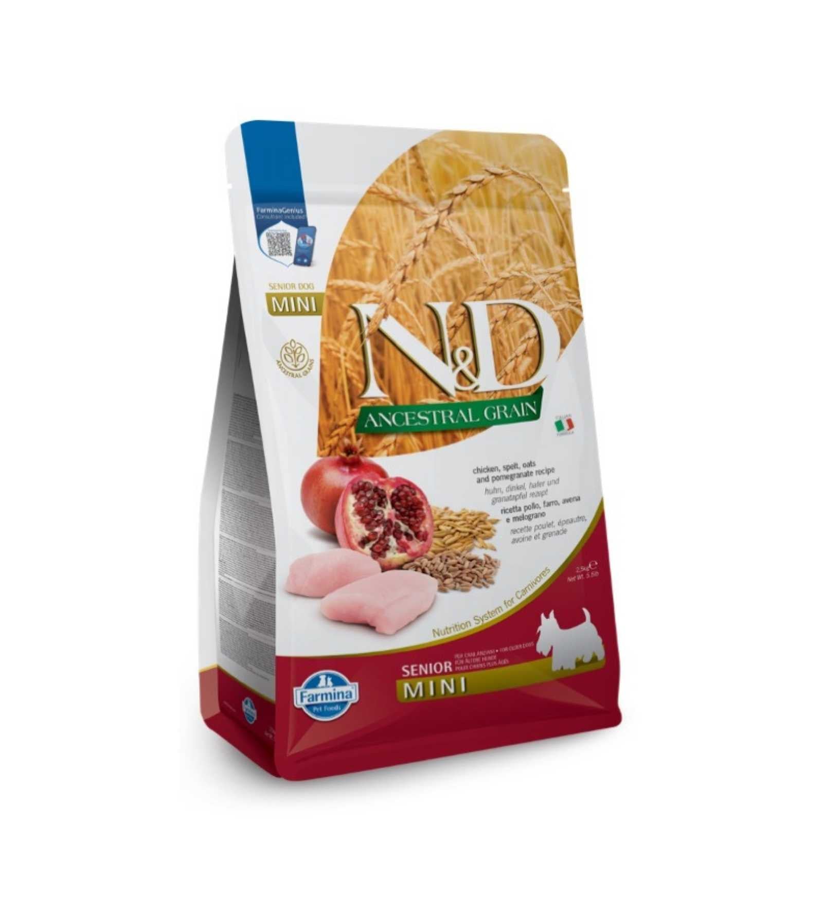 FARMINA N&D ANCESTRAL GRAIN LOW GRAIN CANE SENIOR MINI POLLO, FARRO, AVENA E MELOGRANO DA 2,5 KG