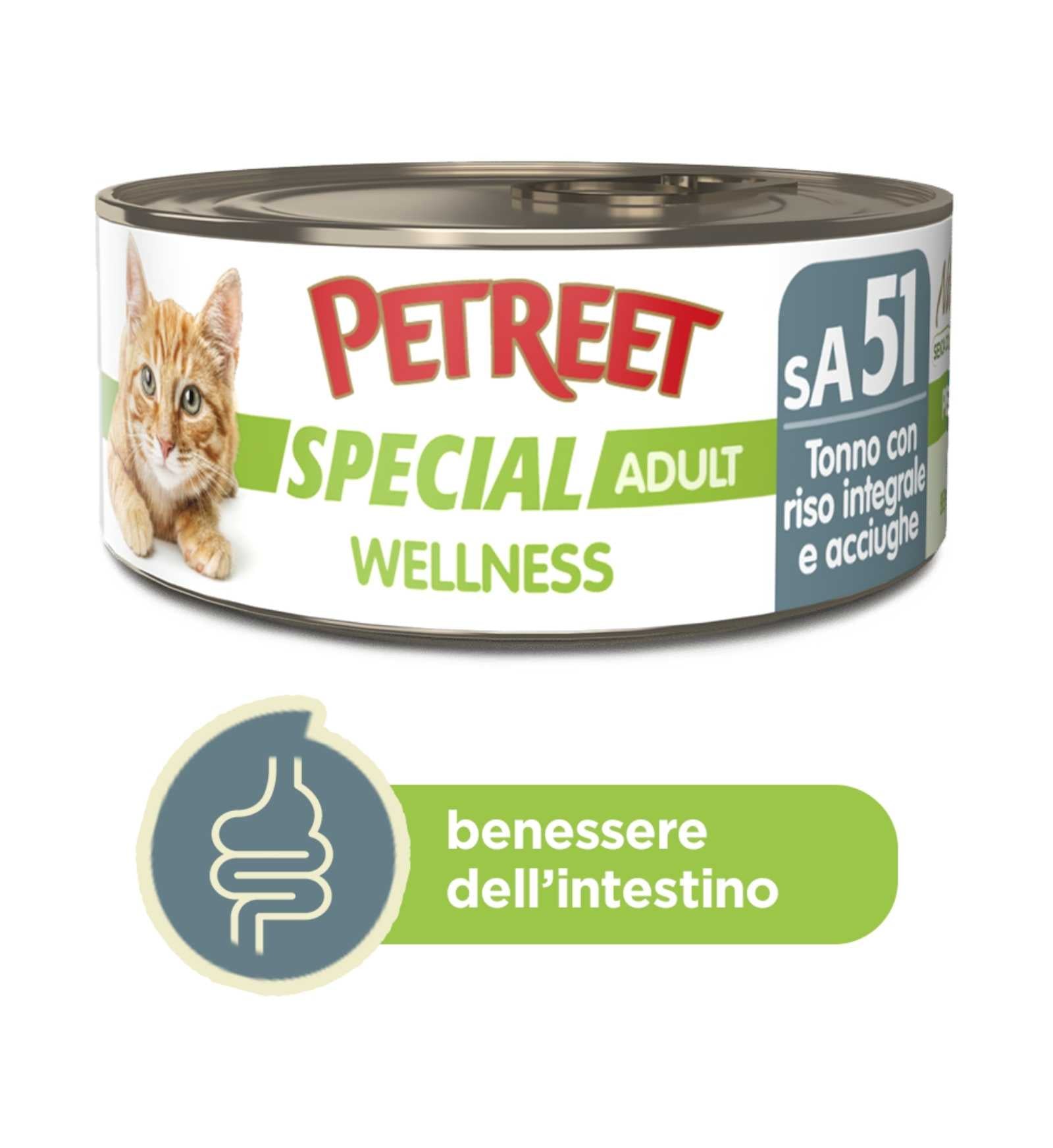 PETREET GATTO SPECIAL ADULT WELLNESS SA51 TONNO, RISO INTEGRALE E ACCIUGHE DA 70 GR IN LATTINA