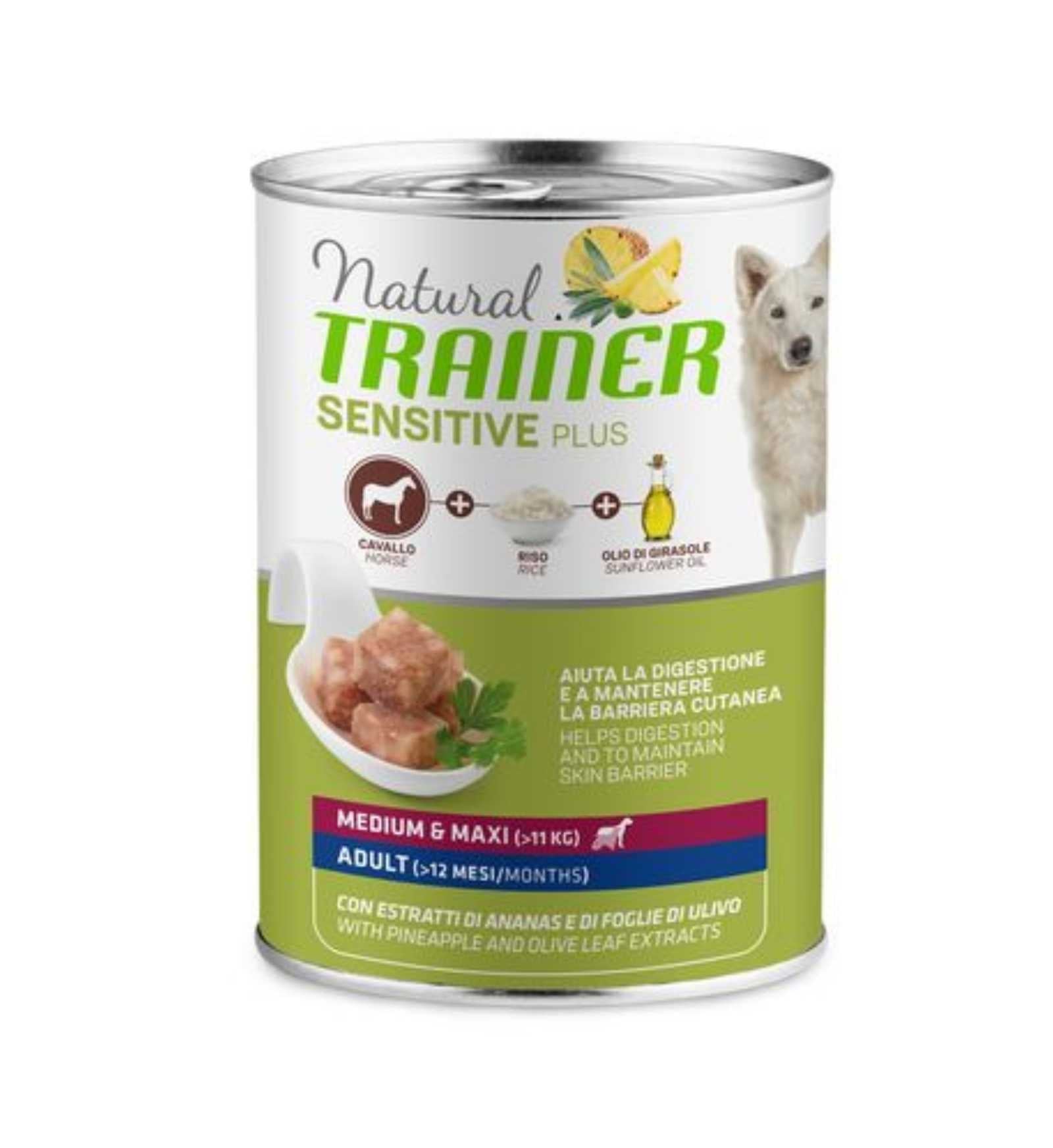 TRAINER CANE ADULT MEDIUM MAXI SENSITIVE PLUS AL CAVALLO E RISO DA 400 GR IN LATTINA