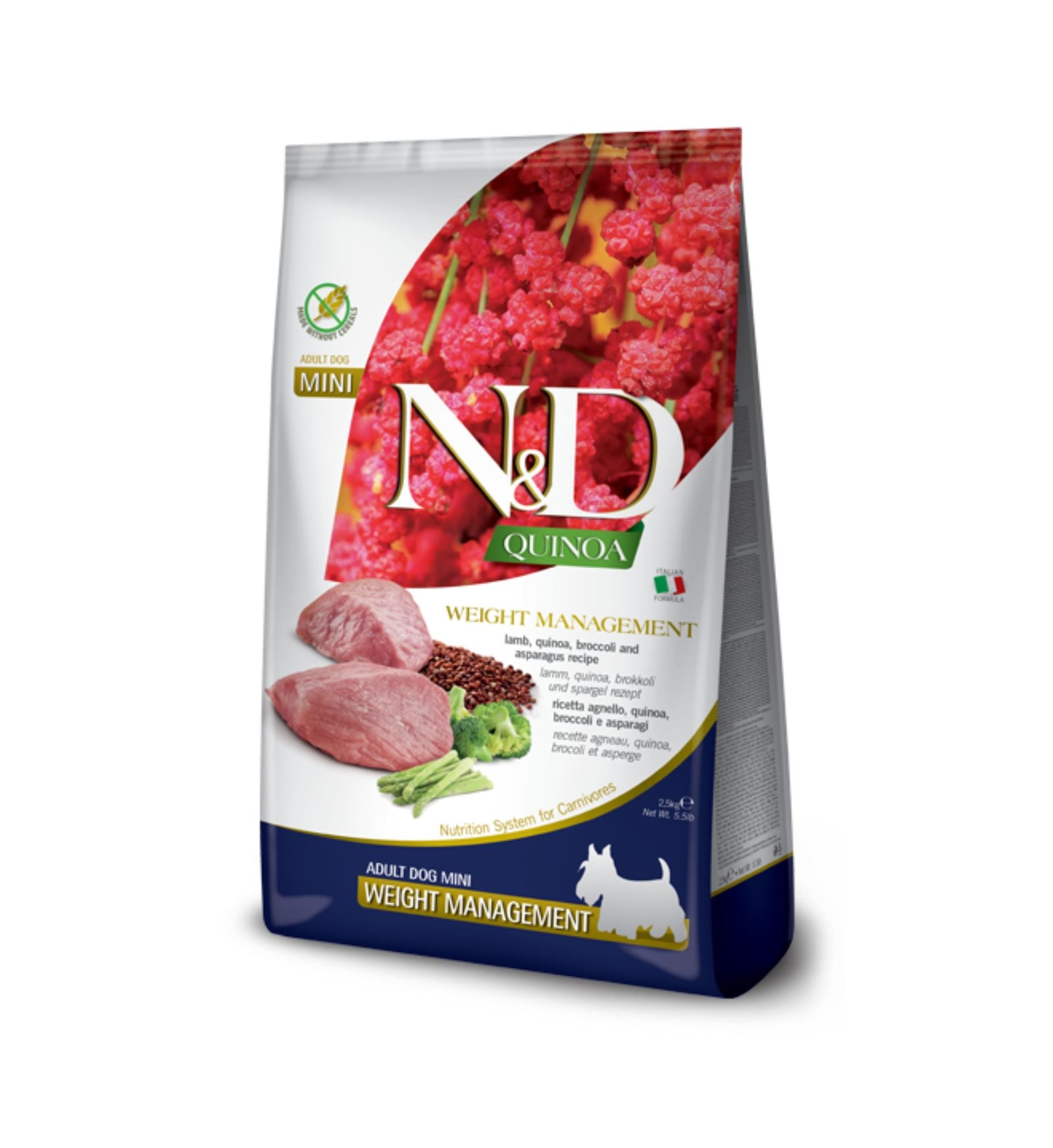 FARMINA N&D QUINOA CANE ADULT MINI WEIGHT MANAGEMENT AGNELLO, BROCCOLI E ASPARAGI