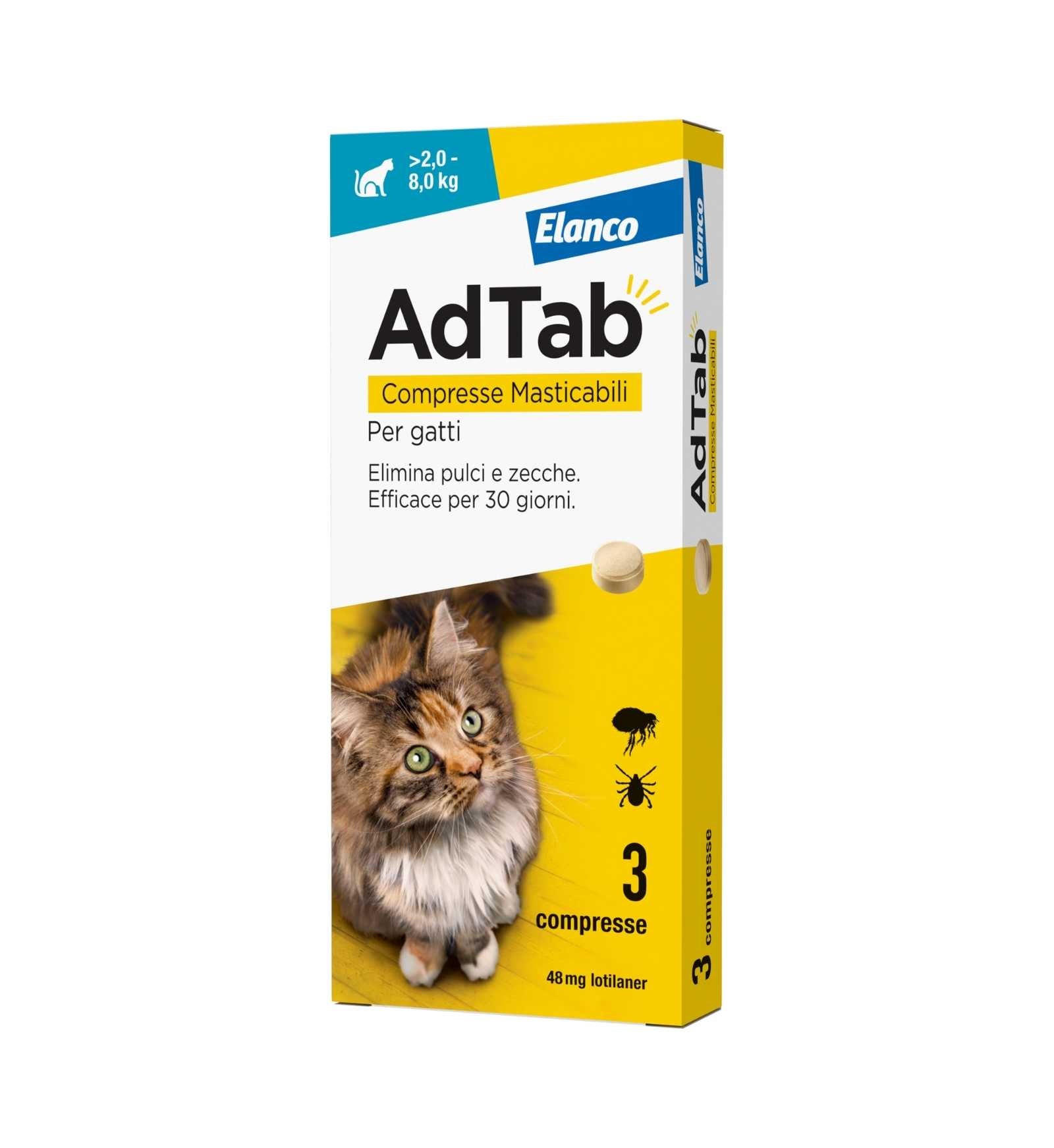 ELANCO ADTAB ANTIPARASSITARIO PER GATTI 2,0 A 8,0 KG COMPRESSE MASTICABILI 3X12 MG