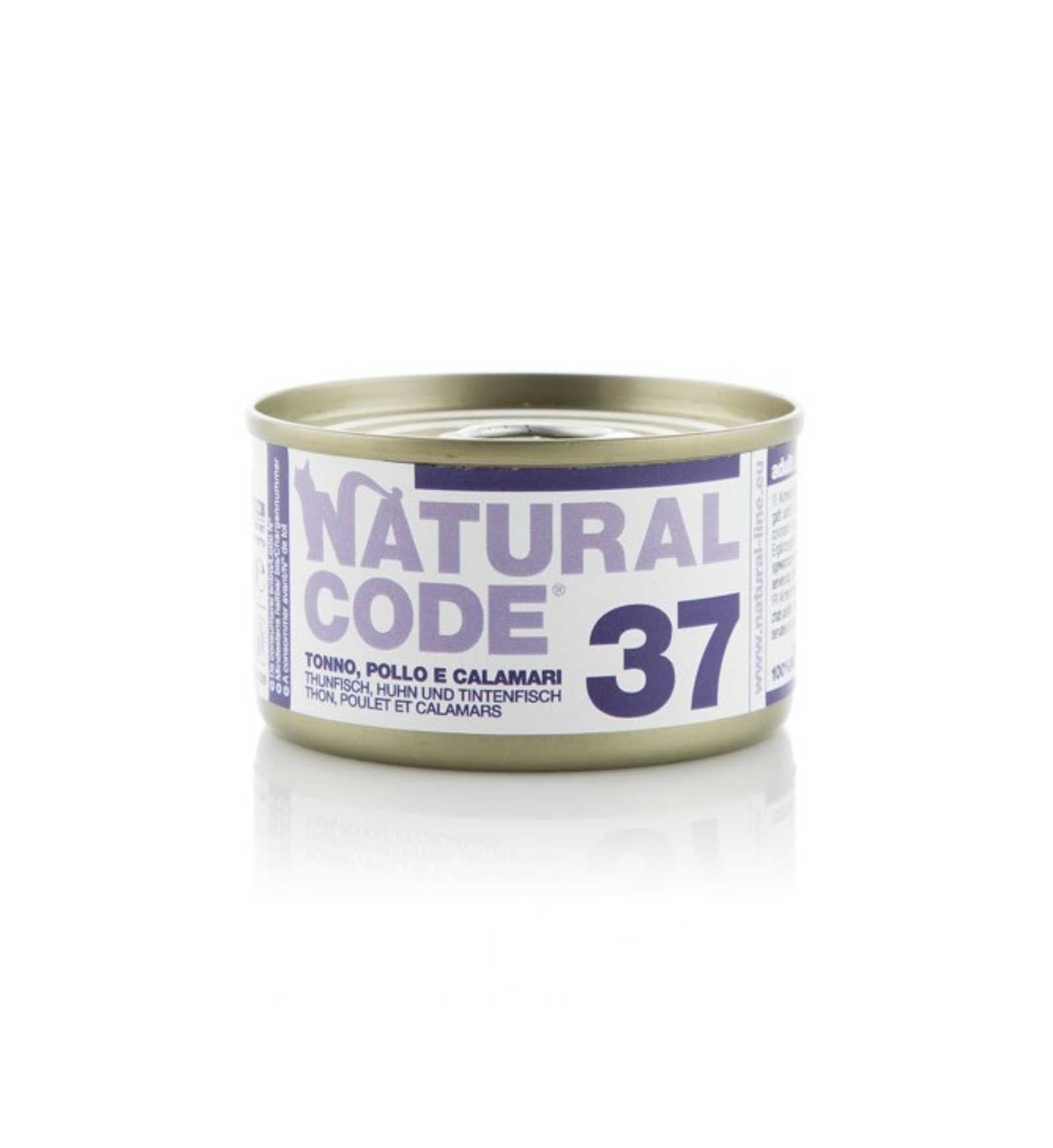 NATURAL CODE GATTO 37 TONNO POLLO E CALAMARI IN ACQUA DI COTTURA DA 85 GR IN LATTINA