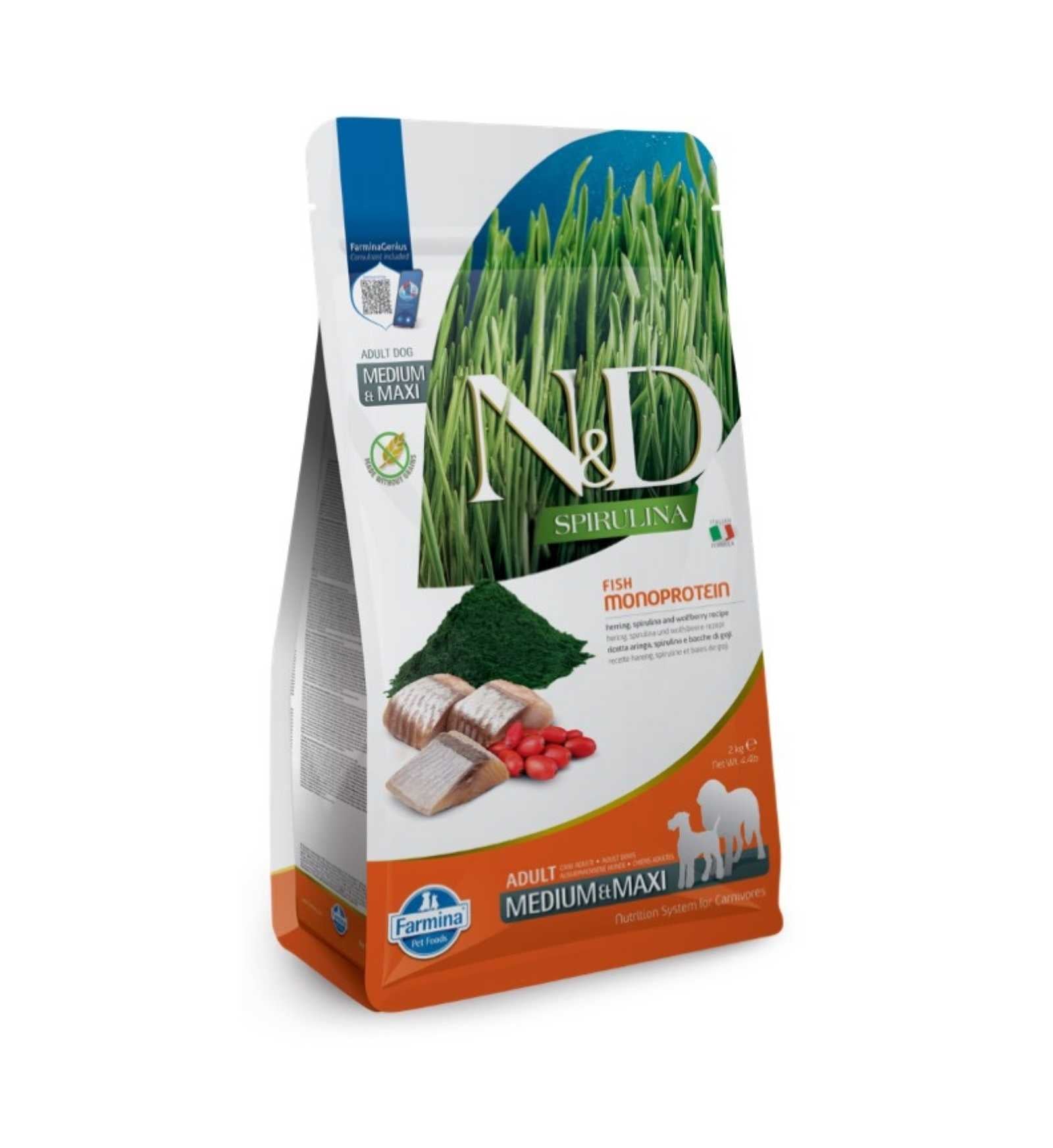 FARMINA N&D SPIRULINA CANE GRAIN FREE ADULT MEDIUM MAXI ARINGA