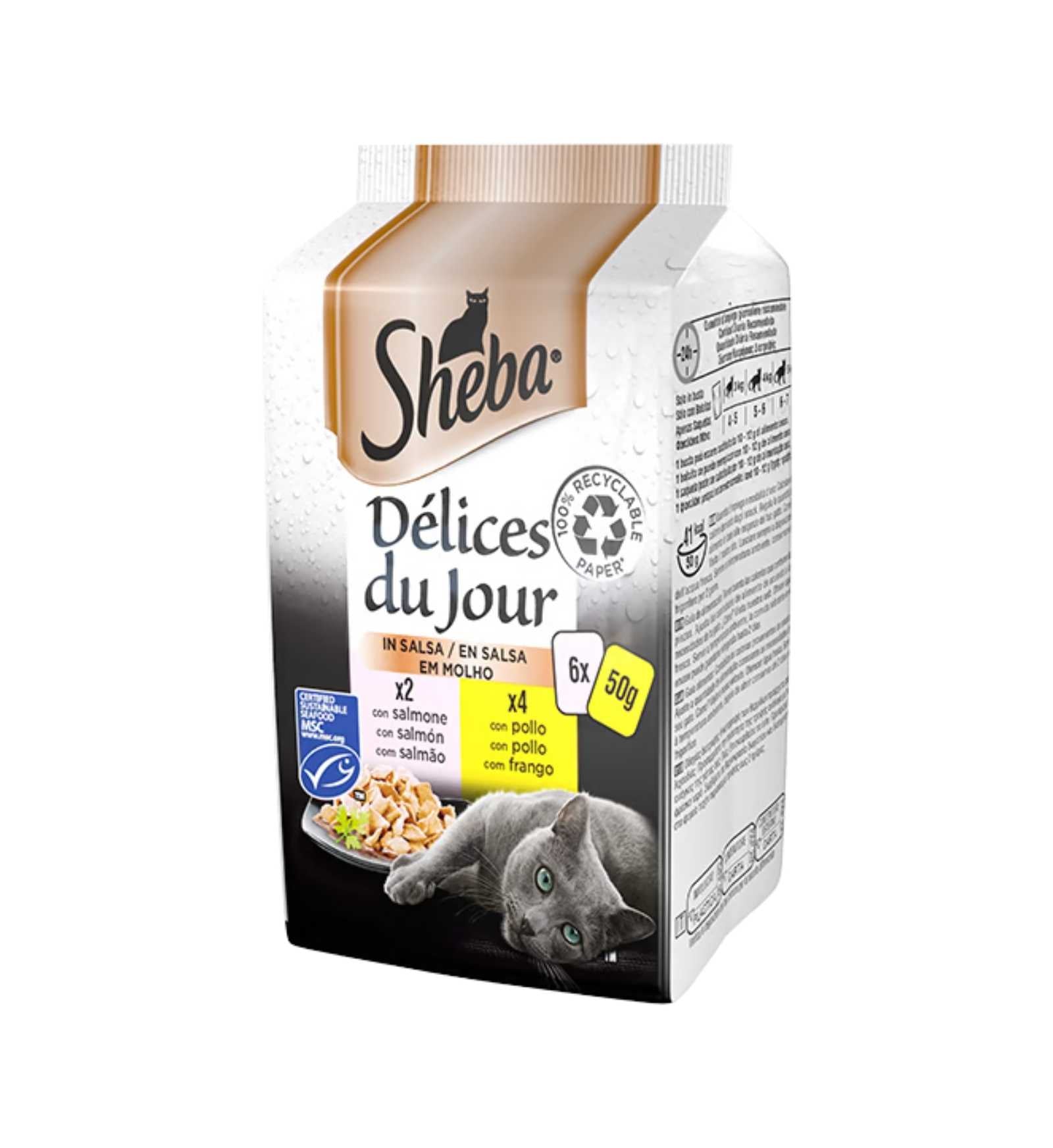 SHEBA GATTO DELICE DU JOUR POLLO E SALMONE IN SALSA 6 BUSTE DA 50 GR