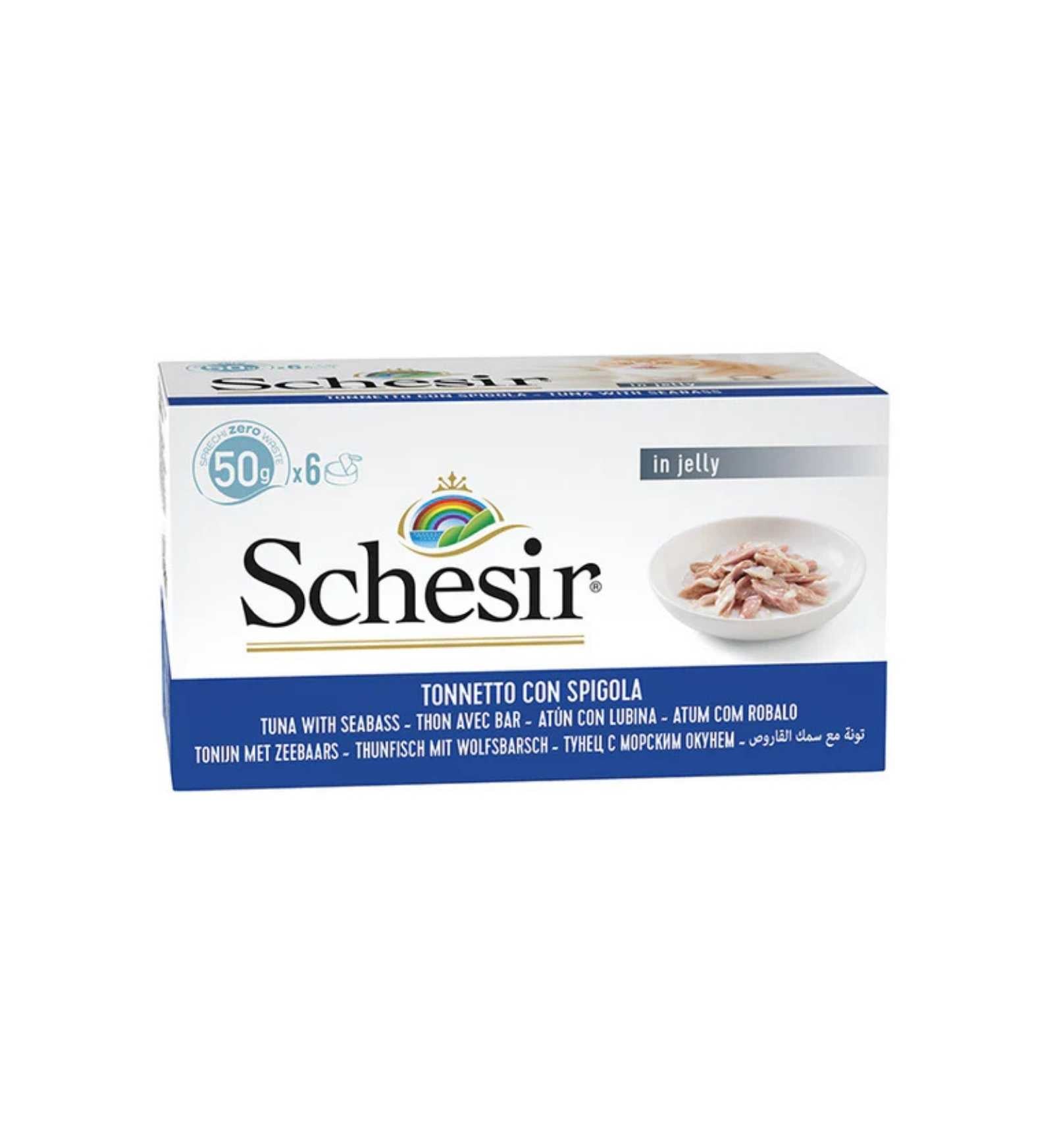 SCHESIR GATTO FILETTI IN GELATINA AL TONNO E SPIGOLA MULTIPACK 50 GR x 6 PEZZI IN LATTINA