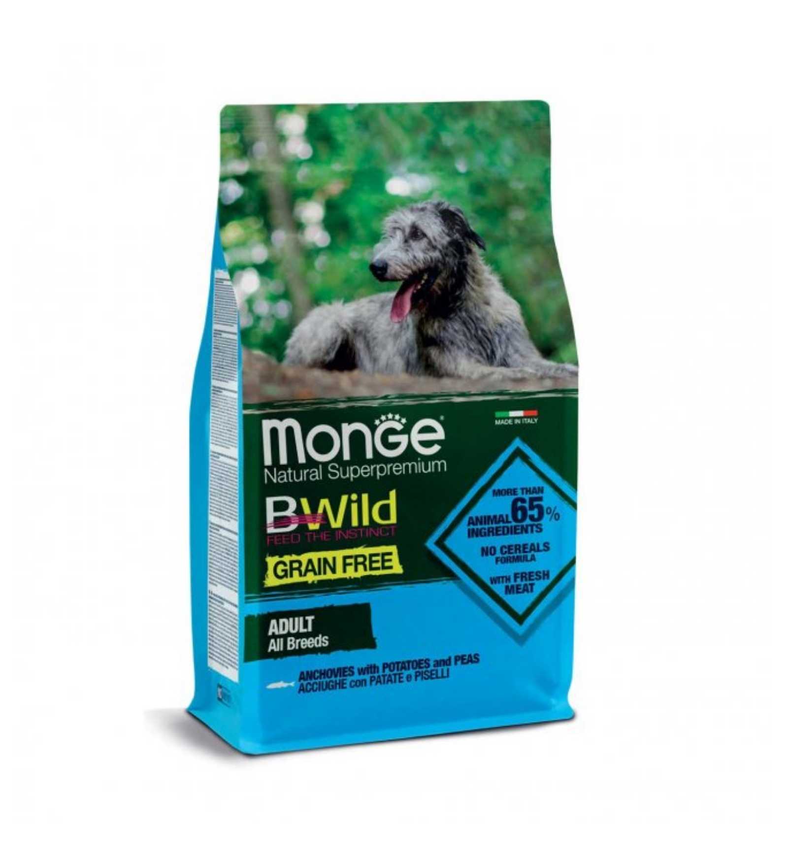 MONGE BWILD CANE ADULT ALL BREEDS GRAIN FREE ALLE ACCIUGHE CON PATATE E PISELLI