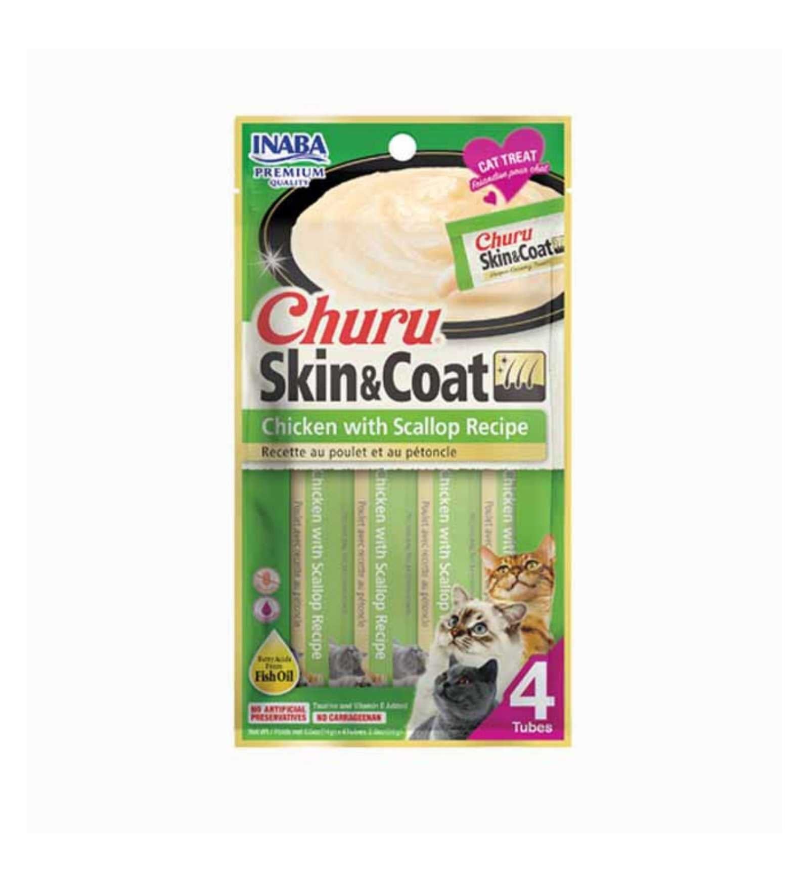 INABA CIAO CHURU GATTO SNACK TREATS SKIN E COAT RICETTA DI POLLO CON CAPESANTE DA 56 GR 4 PEZZI