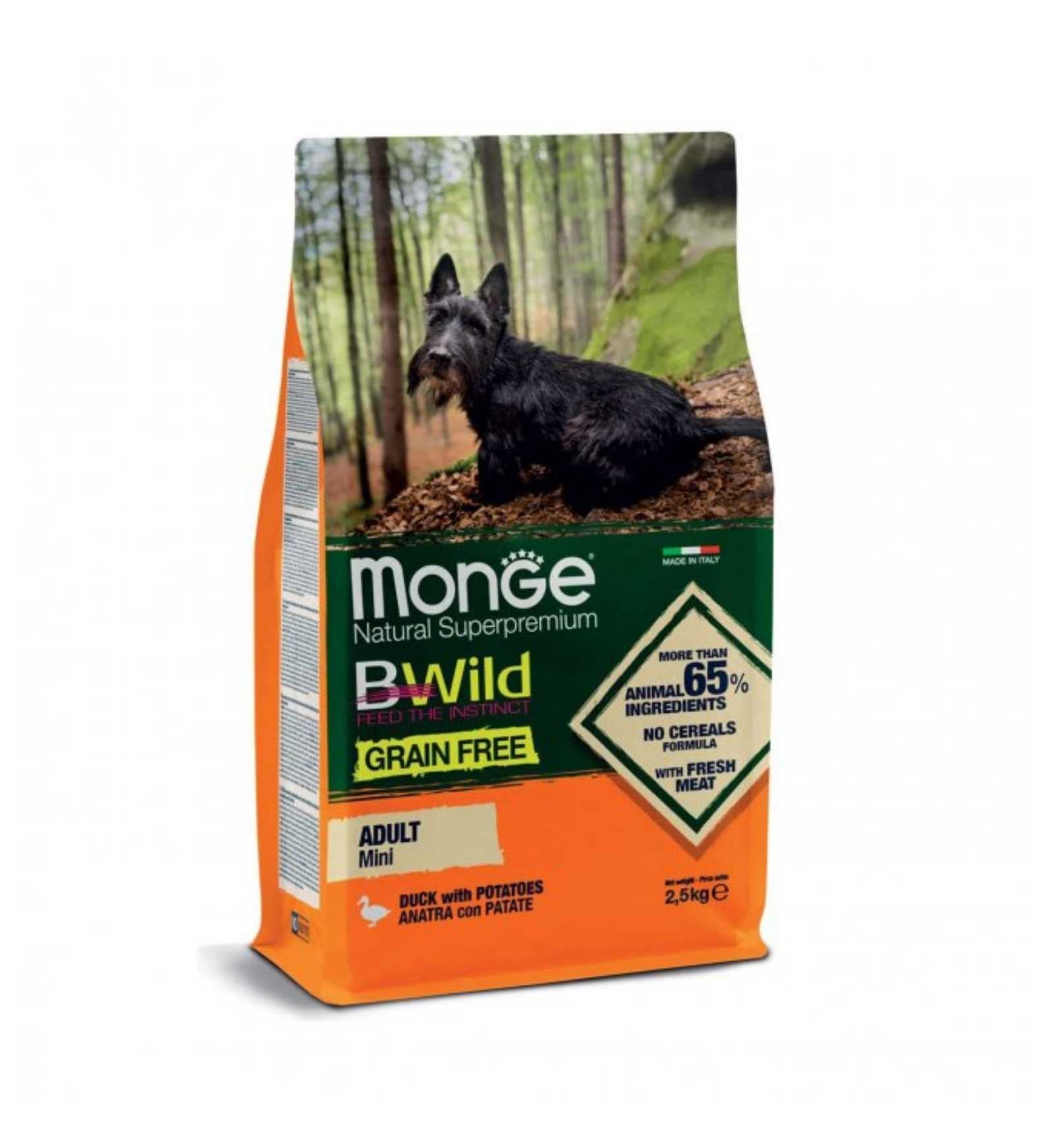 MONGE BWILD CANE ADULT MINI GRAIN FREE CON ANATRA E PATATE DA 2,5 KG