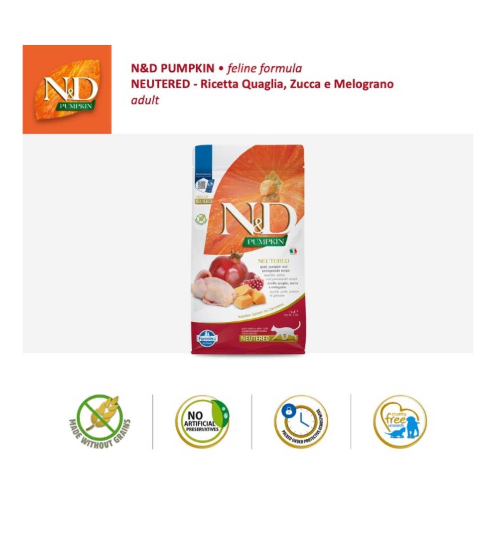 FARMINA N&D PUMPKIN GATTO NEUTERED GRAIN FREE ADULT QUAGLIA ZUCCA E MELOGRANO