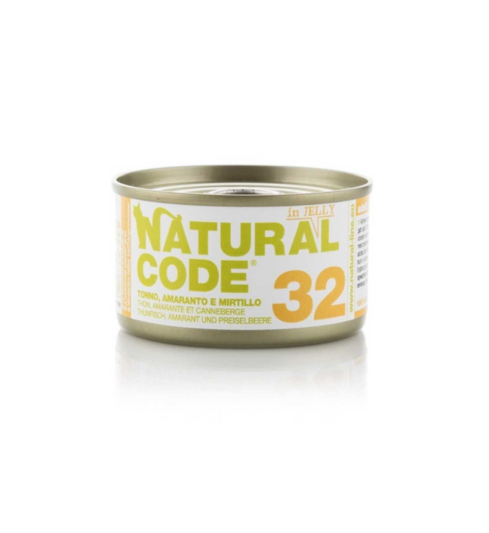 NATURAL CODE GATTO 32 TONNO AMARANTO E MIRTILLI IN GELATINA DA 85 GR IN LATTINA