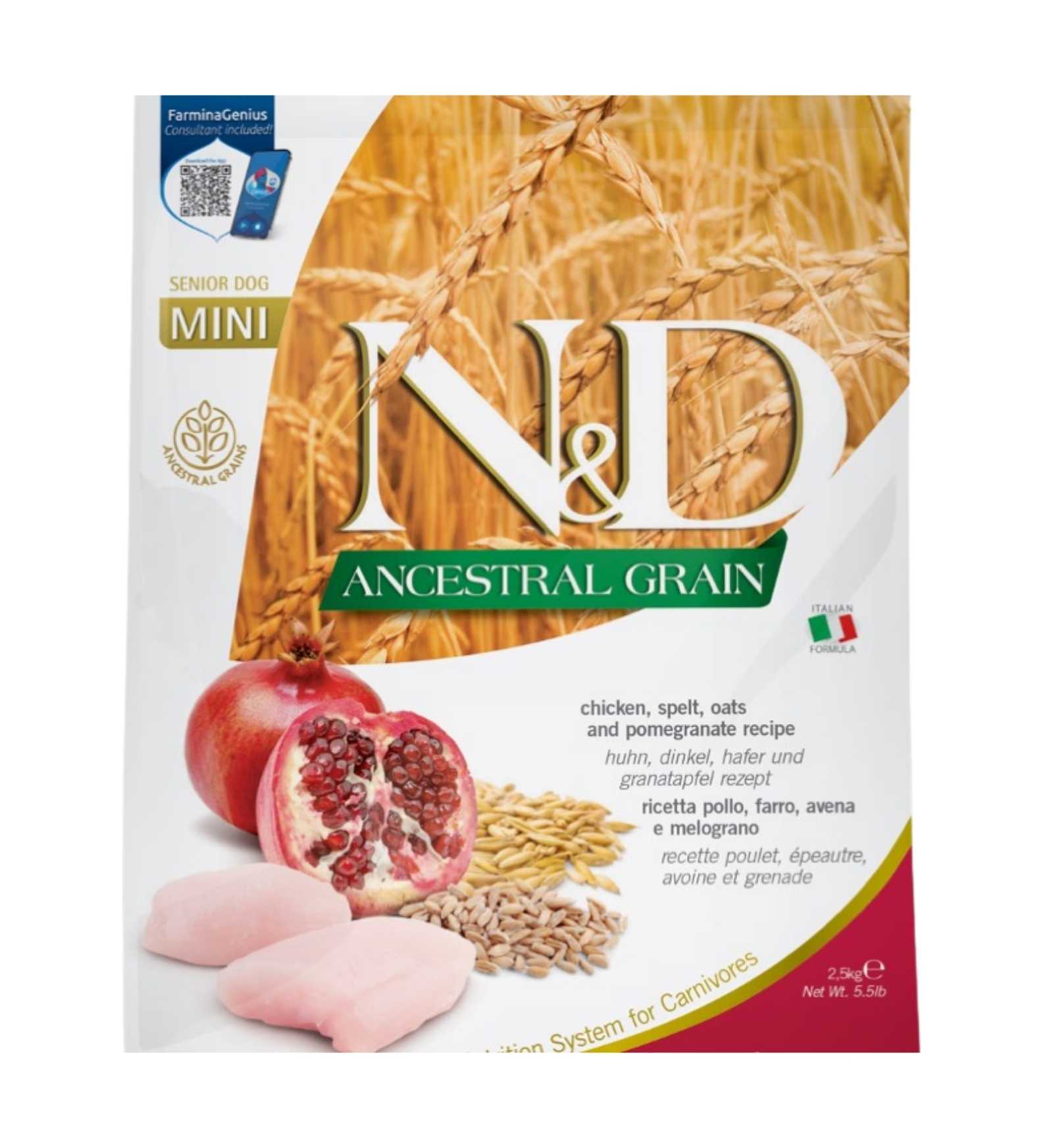 FARMINA N&D ANCESTRAL GRAIN LOW GRAIN CANE SENIOR MINI POLLO, FARRO, AVENA E MELOGRANO DA 2,5 KG