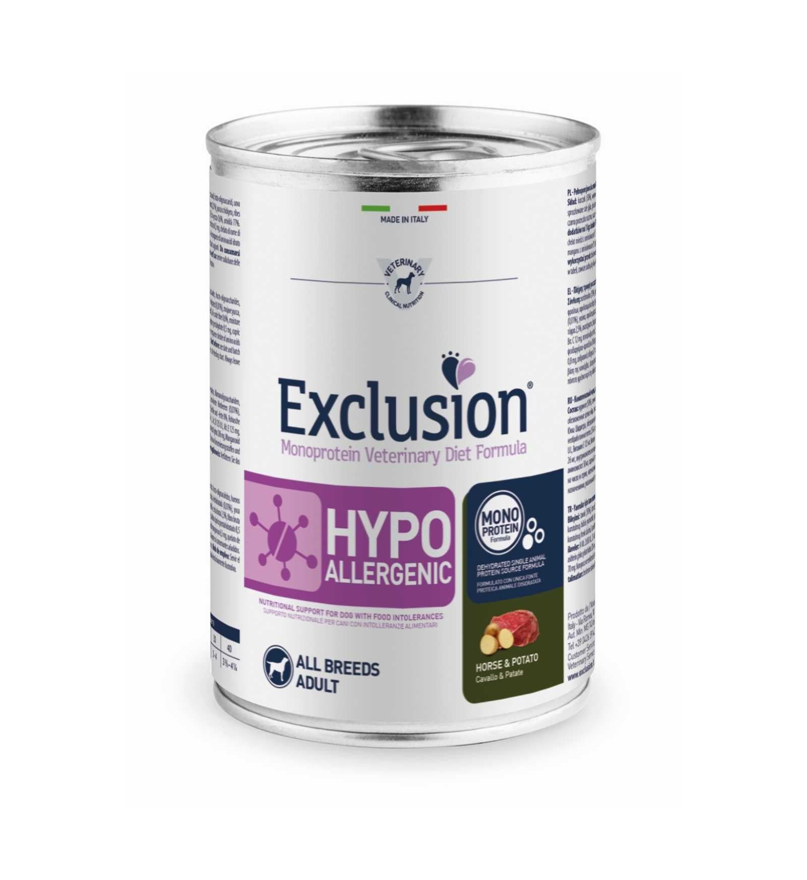 EXCLUSION CANE DIET ADULT ALL BREEDS HYPOALLERGENIC CAVALLO E PATATE DA 400 GR IN LATTINA