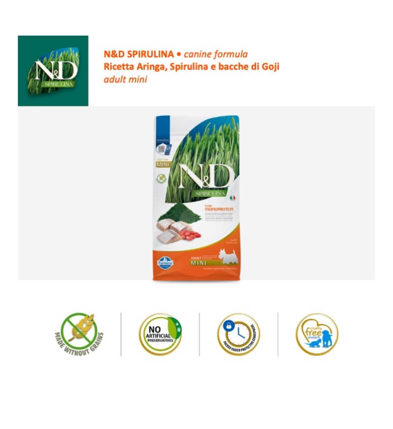 FARMINA N&D DELICIOUS GRAIN FREE CANE ADULT MINI SPIRULINA ARINGA DA 2 KG
