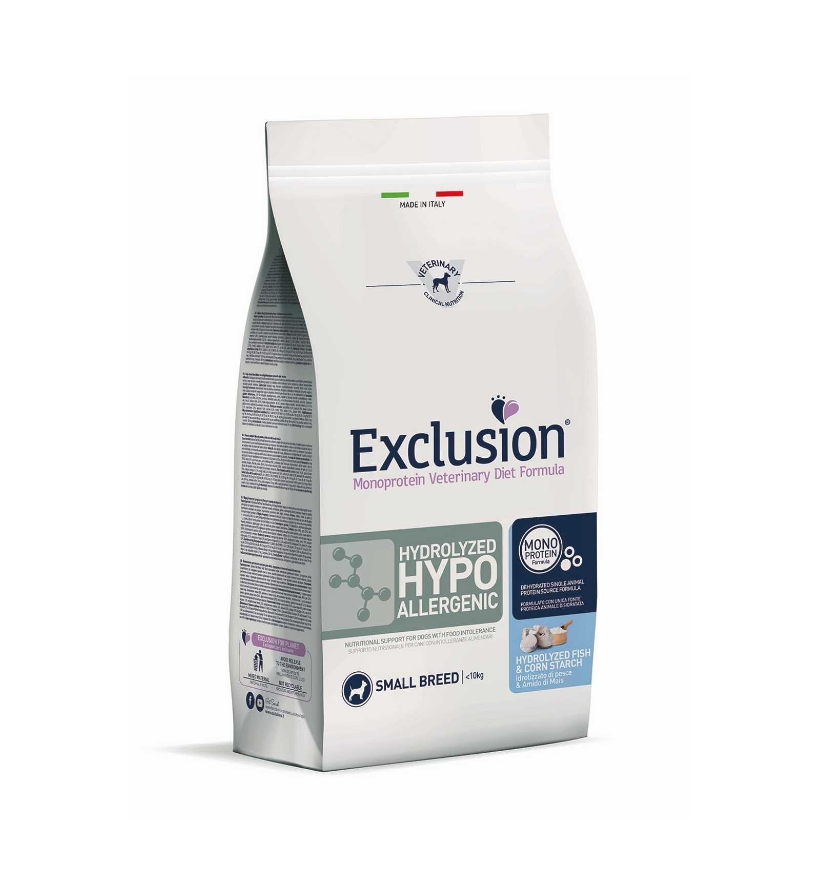 EXCLUSION CANE DIET ADULT SMALL BREED HYPOALLERGENIC HYDROLIZED PESCE E AMIDO DI MAIS DA 2 KG