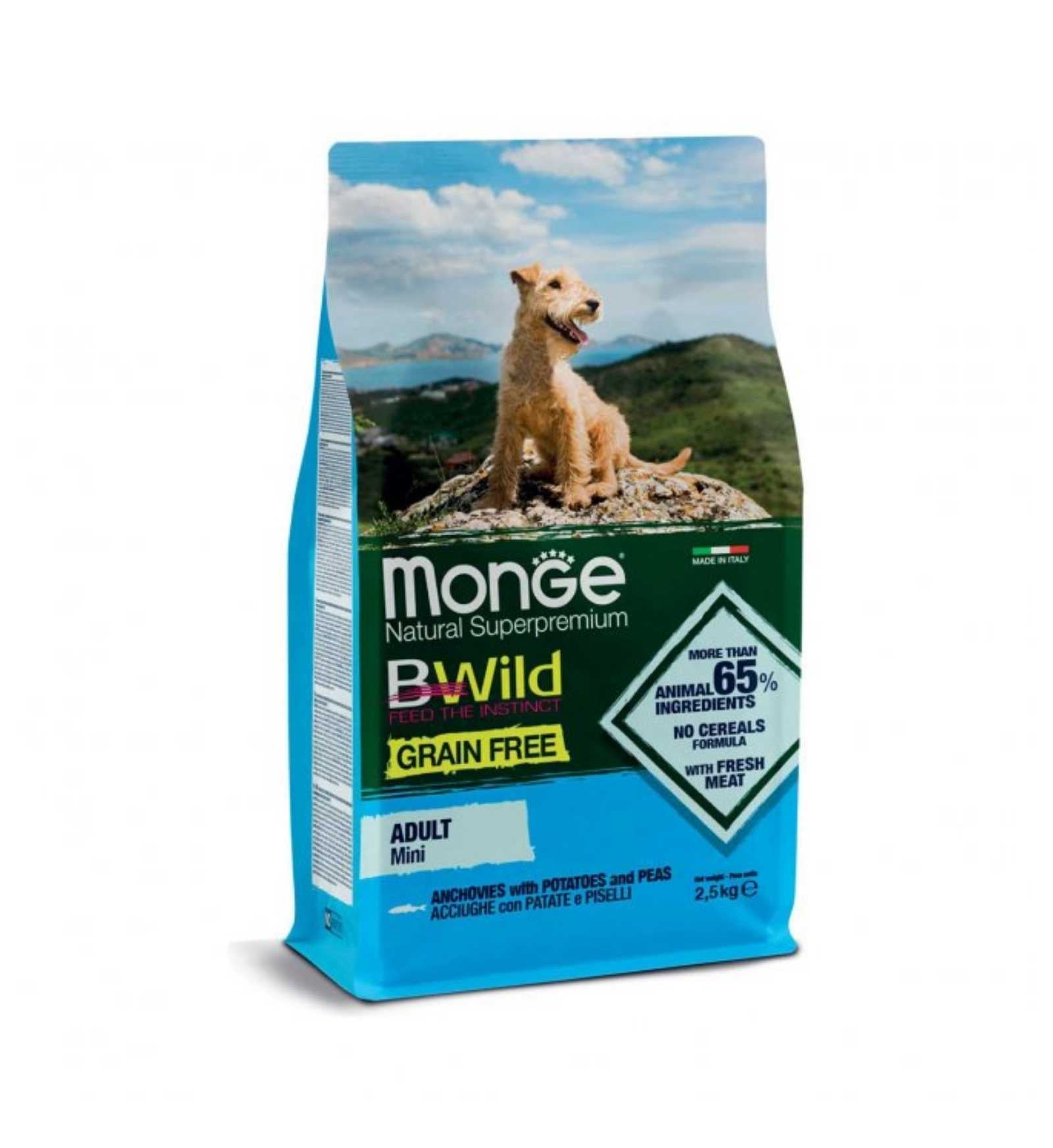 MONGE BWILD CANE ADULT MINI GRAIN FREE ALLE ACCIUGHE CON PATATE E PISELLI DA 2,5 KG