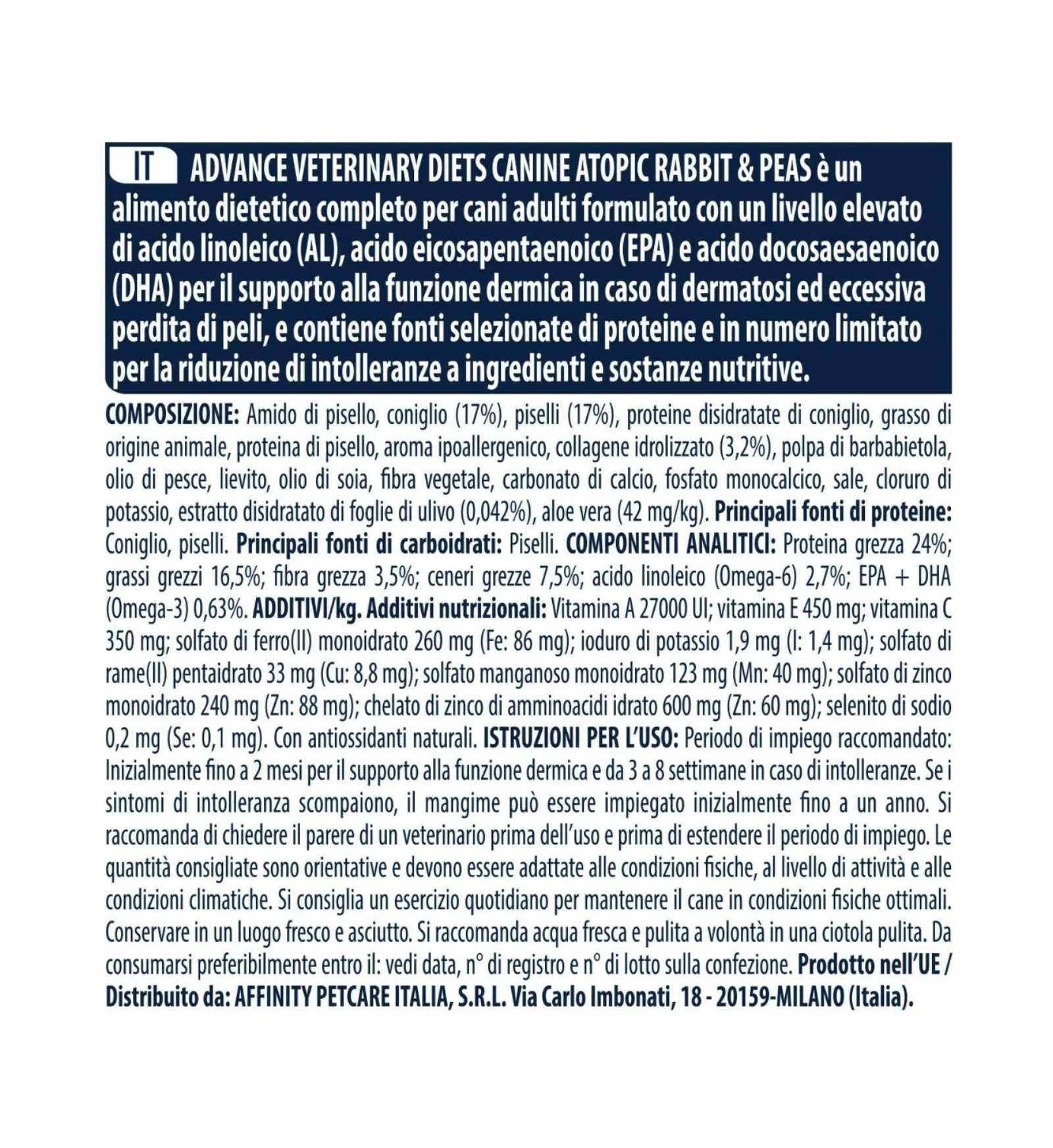 AFFINITY CANE ADVANCE VETERINARY DIETS ATOPIC CONIGLIO DA 3 KG