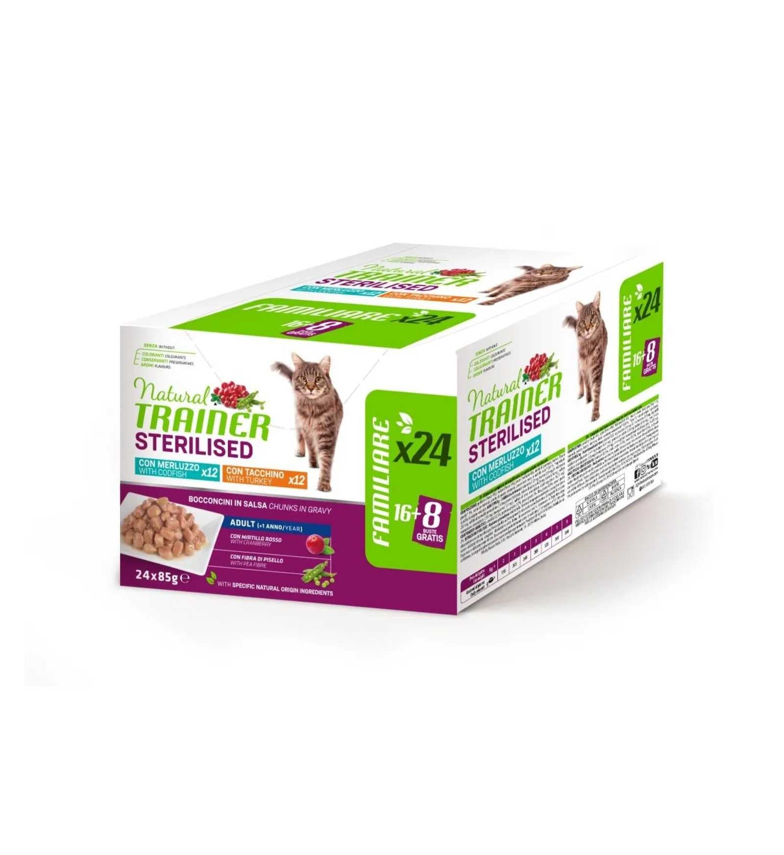 TRAINER GATTO NATURAL ADULT STERILIZZATO MULTIPACK TACCHINO E MERLUZZO IN BOCCONI IN SALSA 24 BUSTE DA 85 GR