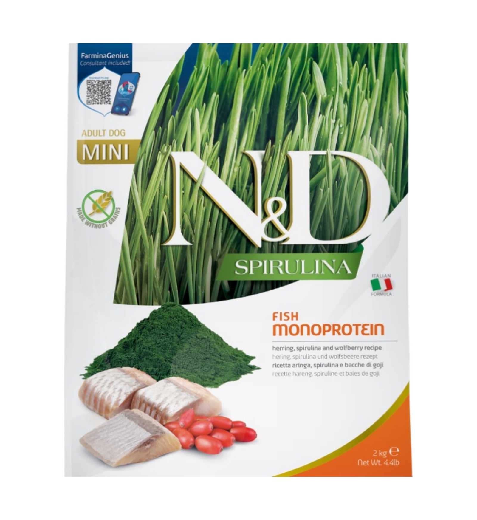 FARMINA N&D DELICIOUS GRAIN FREE CANE ADULT MINI SPIRULINA ARINGA DA 2 KG