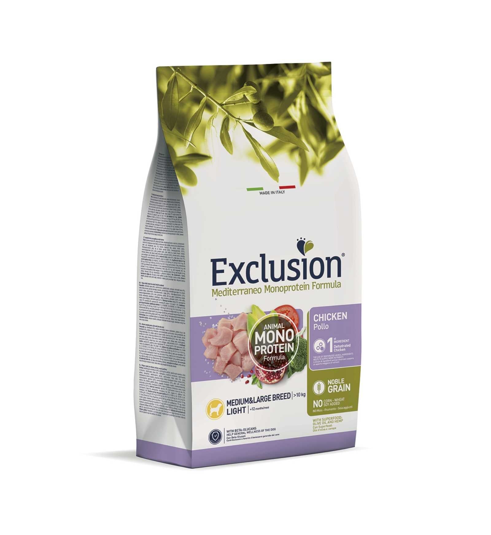 EXCLUSION CANE NOBLE GRAIN MONOPROTEICO ADULT LIGHT MEDIUM & LARGE BREED POLLO