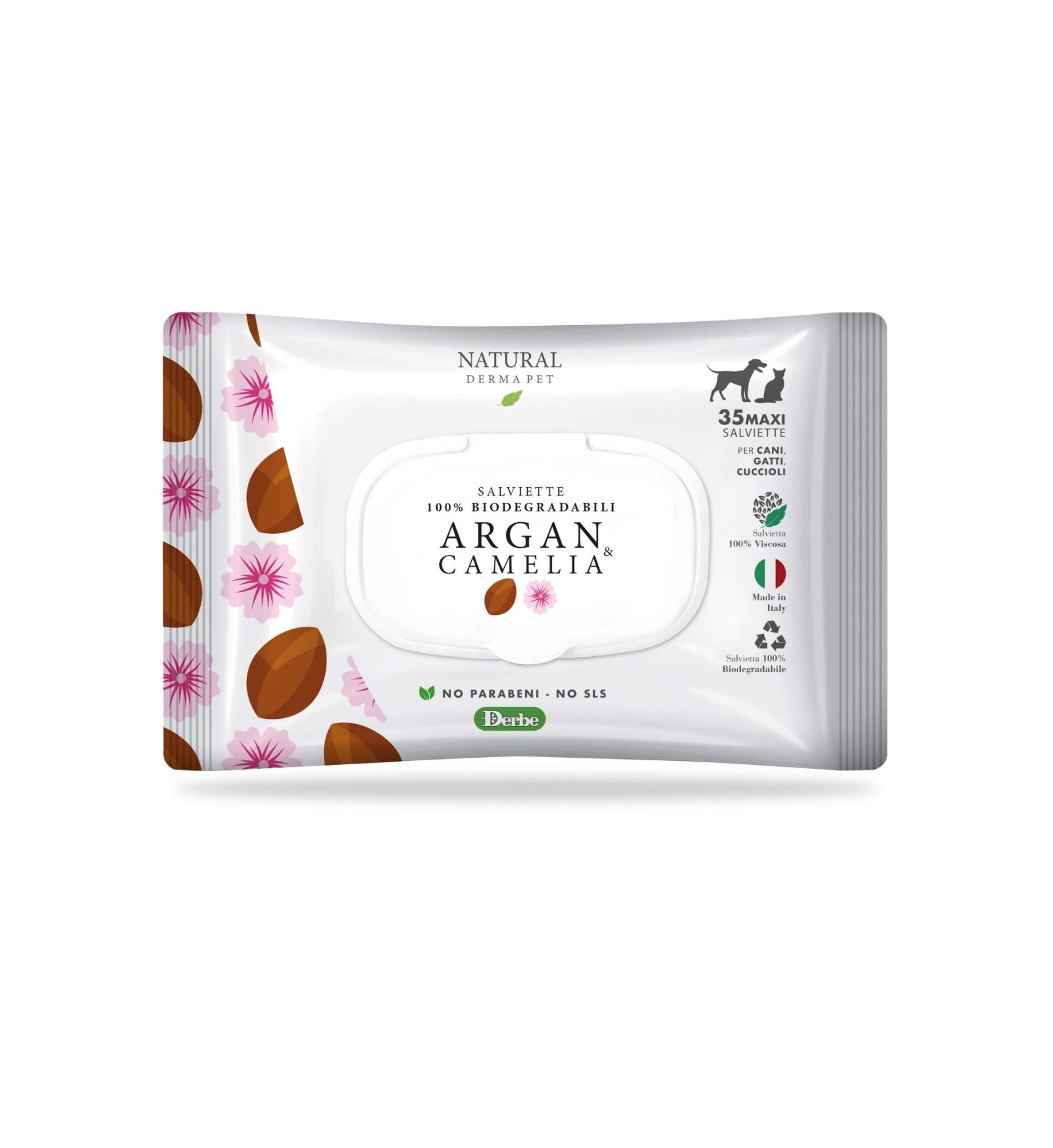 DERBE CANE E GATTO NATURAL DERMA PET SALVIETTE ARGAN E CAMELIA DA 35 PEZZI