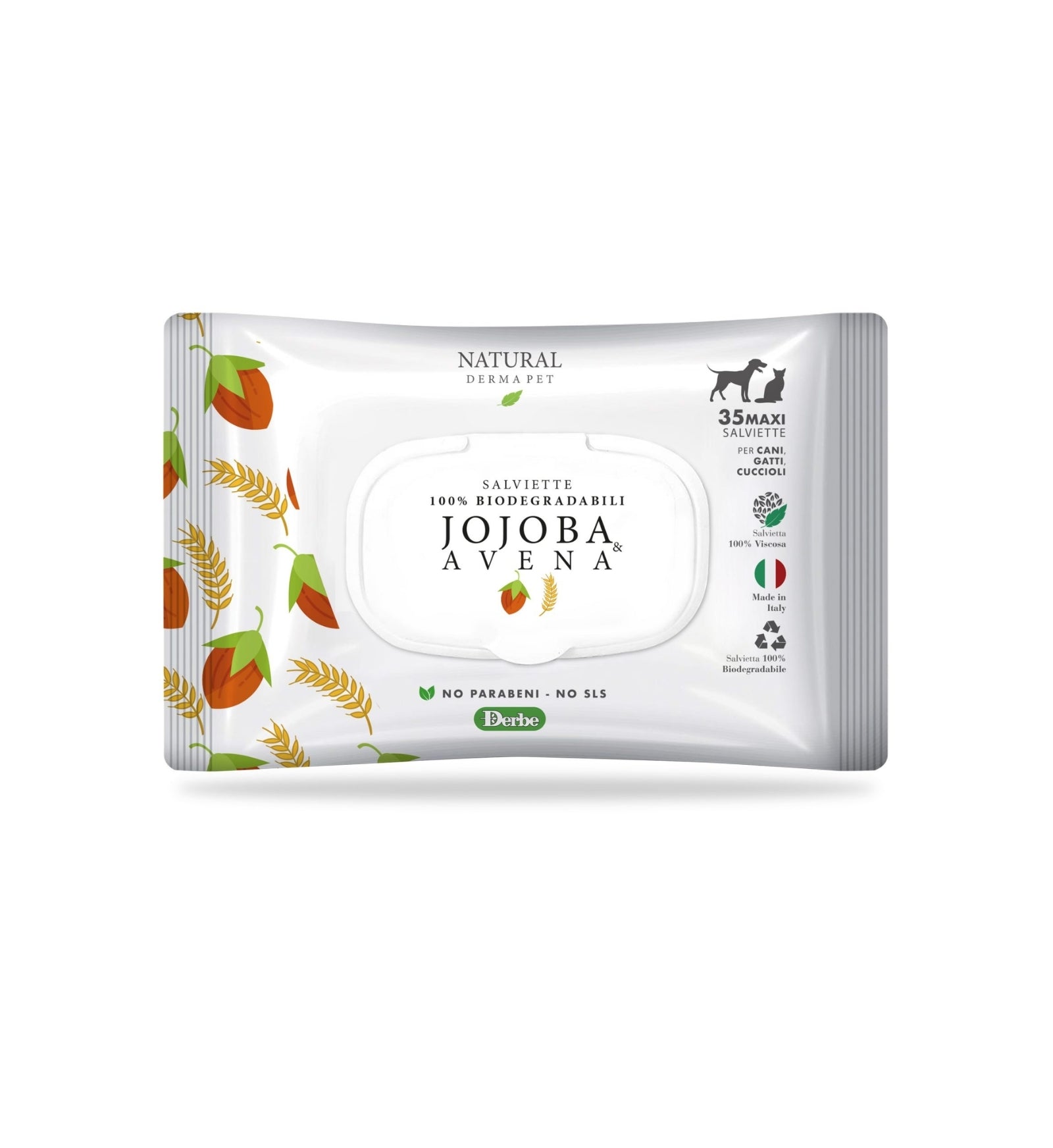 DERBE CANE E GATTO NATURAL DERMA PET SALVIETTE JOJOBA E AVENA DA 35 PEZZI