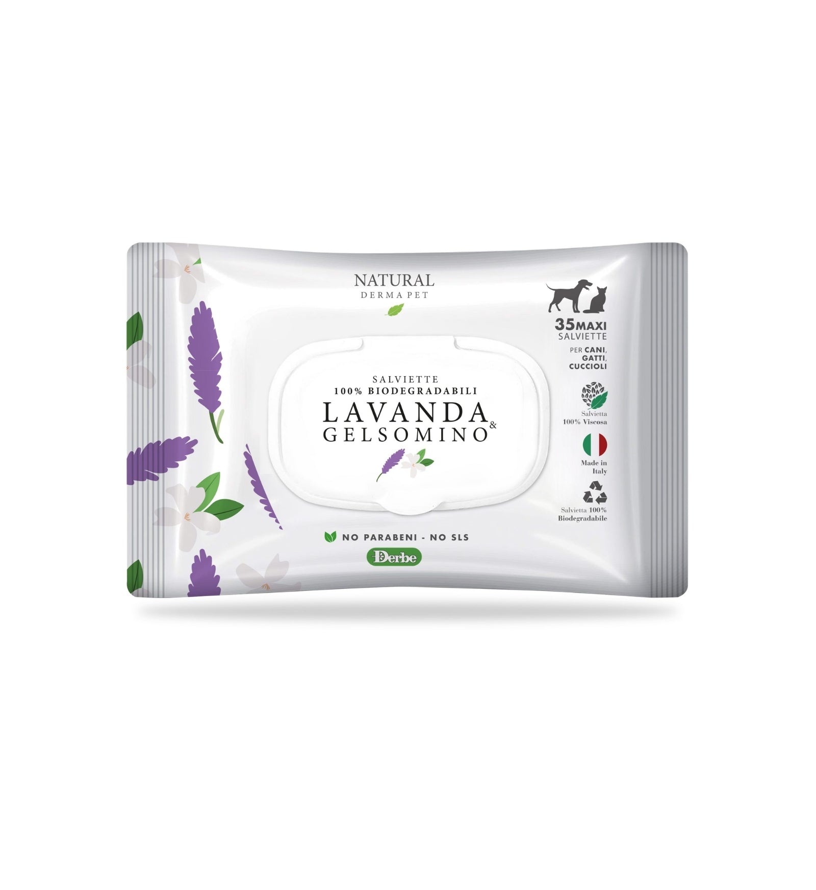 DERBE CANE E GATTO NATURAL DERMA PET SALVIETTE LAVANDA E GELSOMINO DA 35 PEZZI