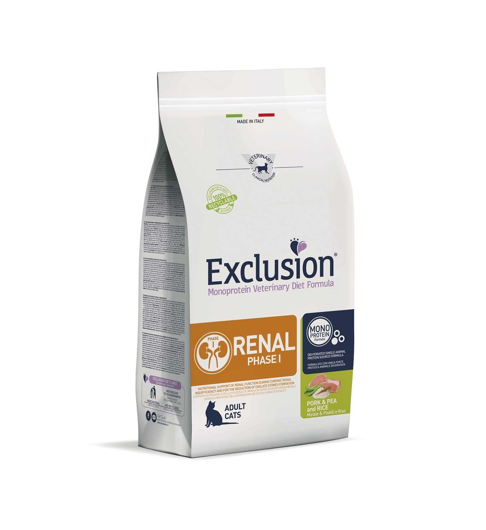 EXCLUSION GATTO DIET ADULT RENAL FASE 1 MAIALE PISELLI E RISO DA 300 GR