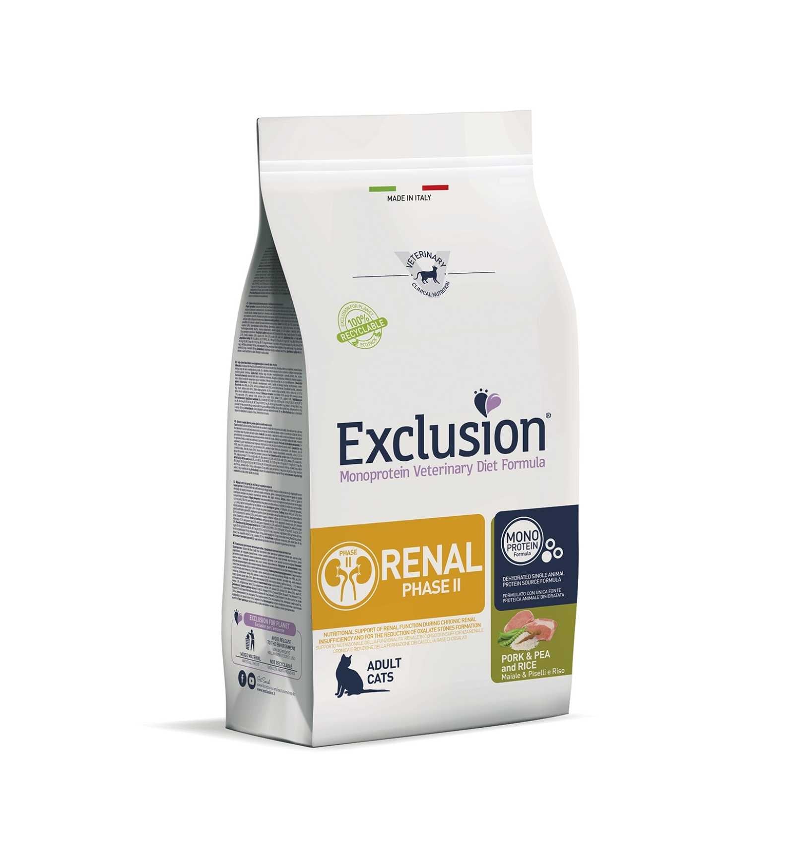 EXCLUSION GATTO DIET ADULT RENAL FASE 2 MAIALE PISELLI E RISO DA 300 GR