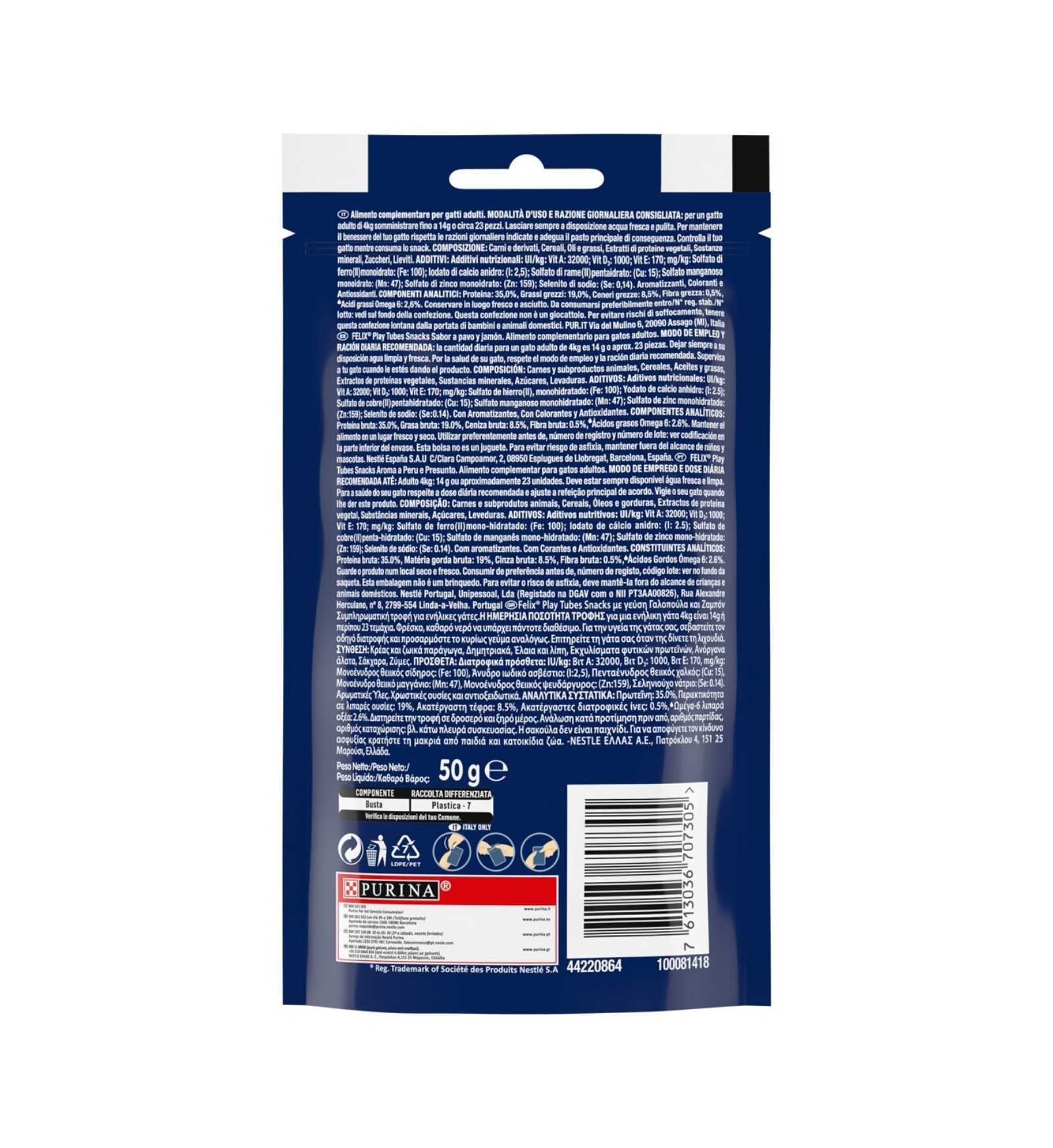 PURINA SNACK GATTO FELIX PLAY TUBES AL GUSTO DI TACCHINO E PROSCIUTTO DA 50 GR