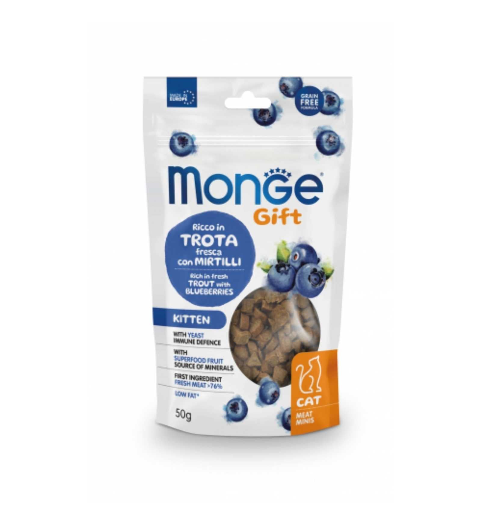 MONGE GATTO SNACK MEATMINIS KITTEN RICCO IN TROTA FRESCA CON MIRTILLI BLU DA 50 GR