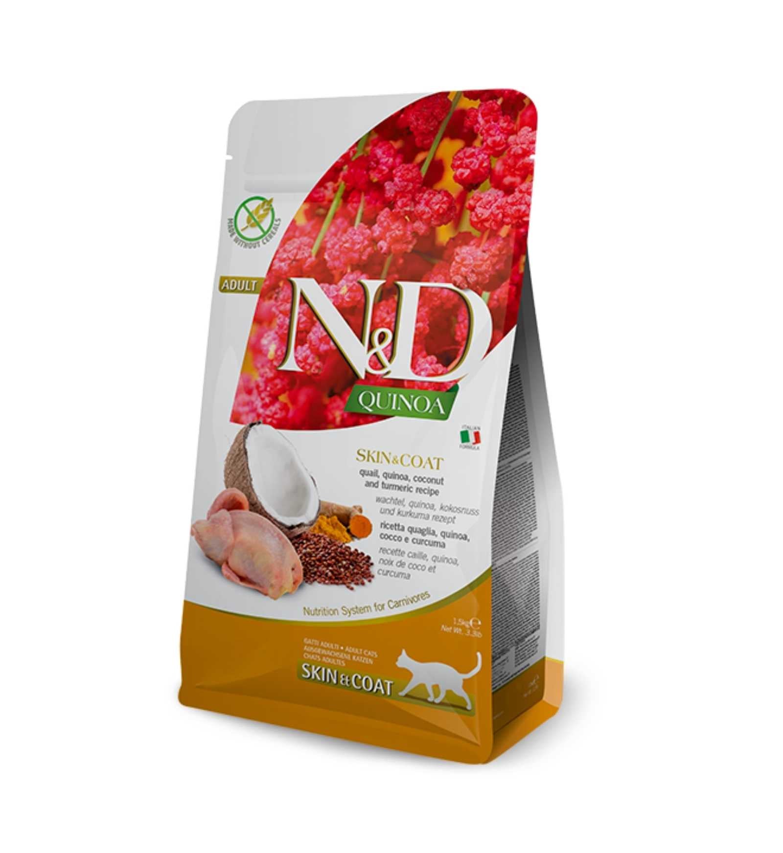 FARMINA N&D QUINOA GATTO SKIN & COAT GRAIN FREE ADULT QUAGLIA COCCO E CURCUMA