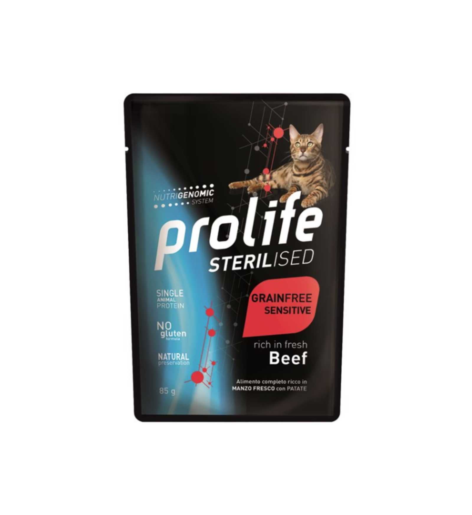 PROLIFE GATTO STERILIZZATO GRAIN FREE AL MANZO DA 85 GR IN BUSTA