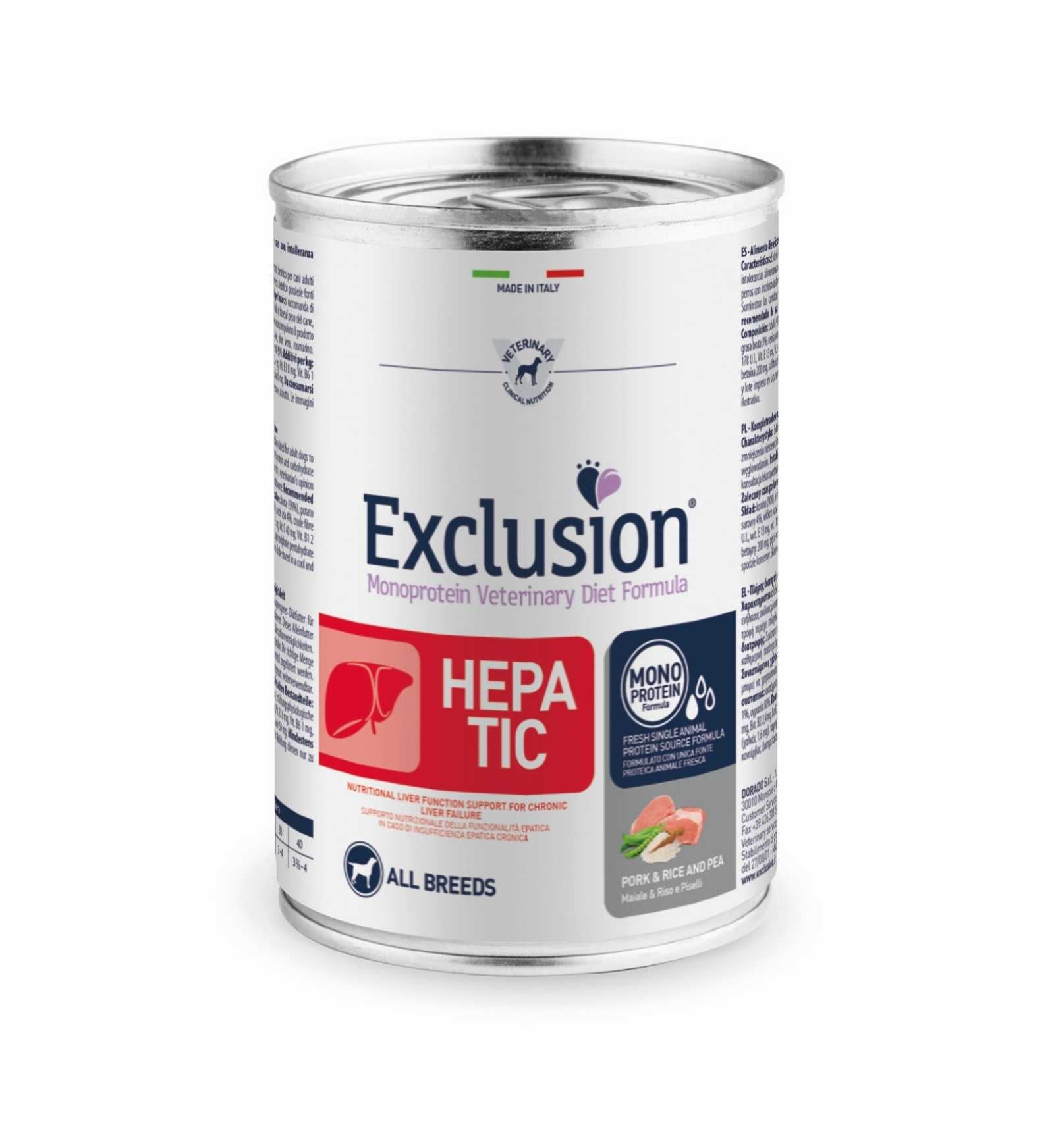 EXCLUSION CANE DIET ADULT ALL BREEDS HEPATIC MAIALE RISO E PISELLI DA 400 GR IN LATTINA