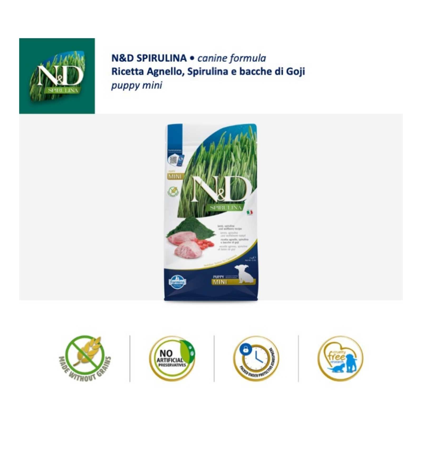 FARMINA N&D DELICIOUS GRAIN FREE CANE PUPPY MINI SPIRULINA AGNELLO DA 2 KG