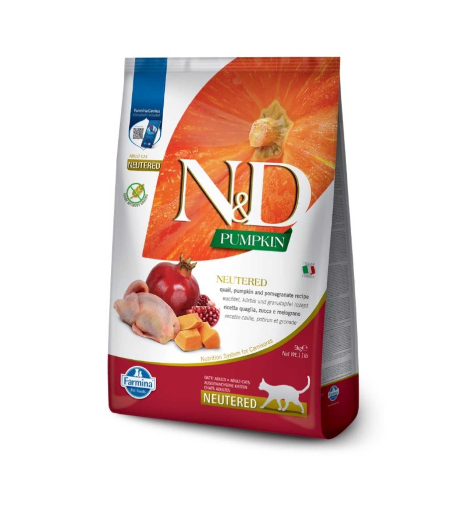 FARMINA N&D PUMPKIN GATTO NEUTERED GRAIN FREE ADULT QUAGLIA ZUCCA E MELOGRANO