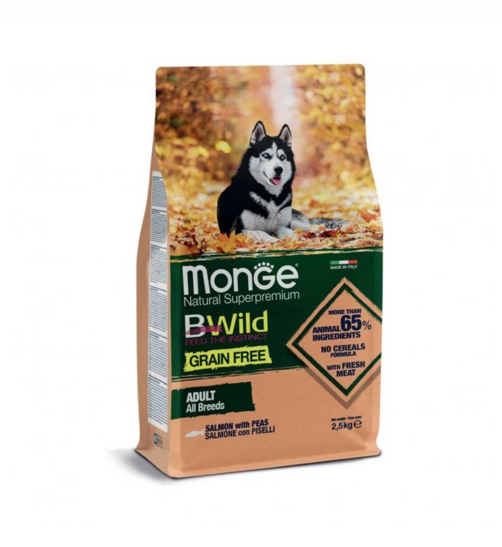 MONGE BWILD CANE ADULT ALL BREEDS GRAIN FREE AL SALMONE CON PISELLI