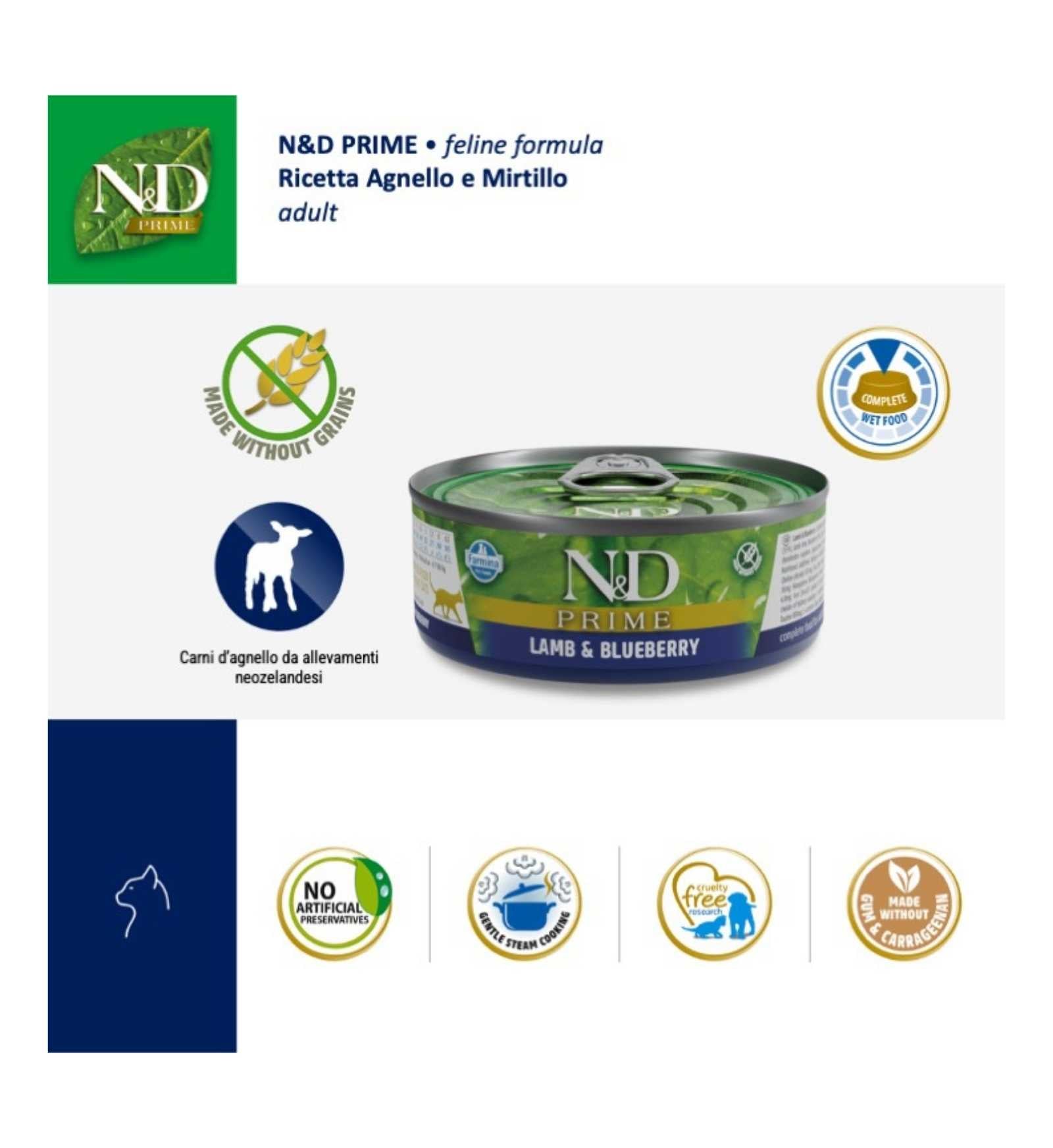 FARMINA N&D DELICIUOS GRAIN FREE GATTO PRIME CON AGNELLO E MIRTILLI DA 70 GR IN LATTINA