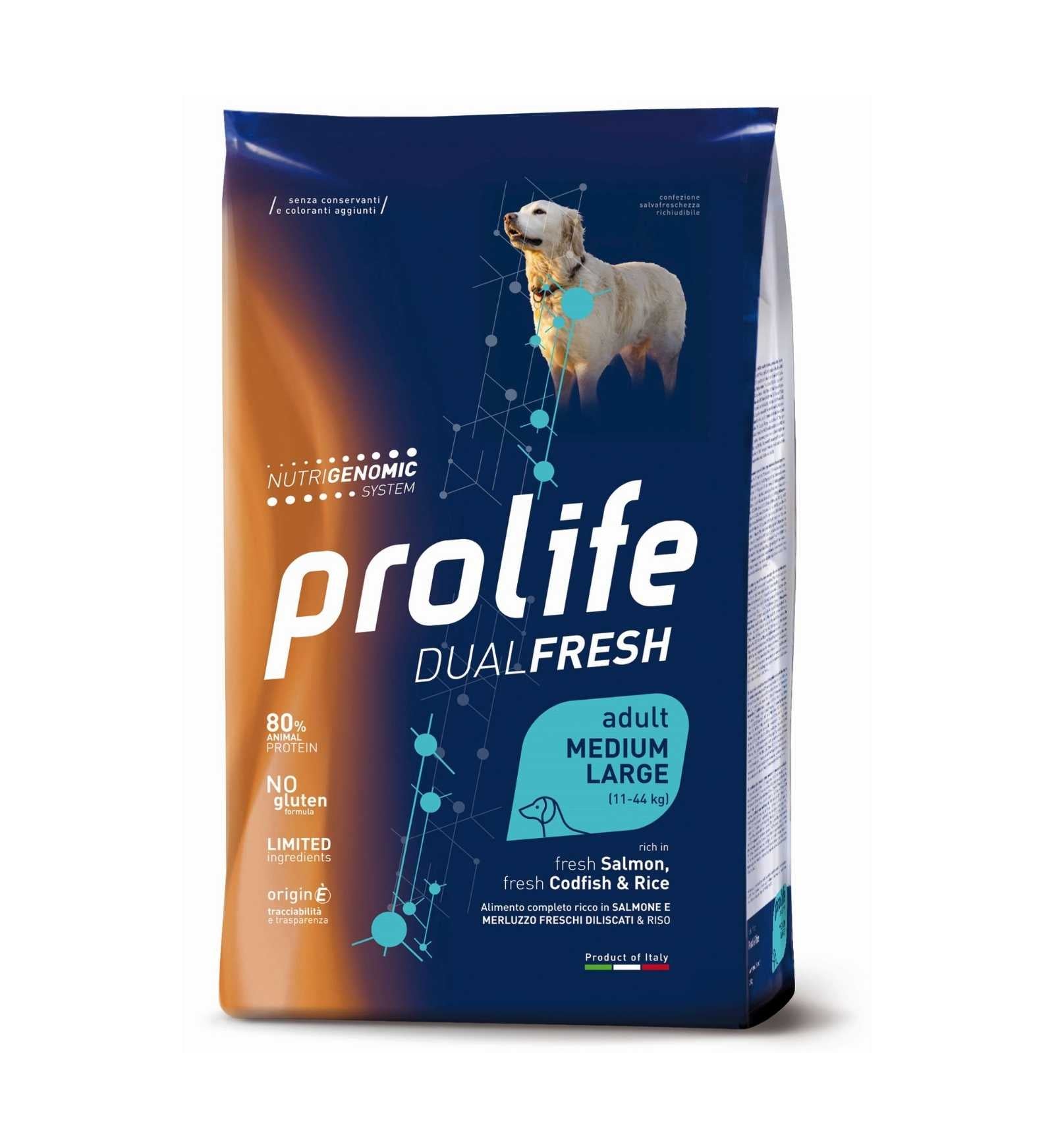 PROLIFE CANE ADULT MEDIUM LARGE DUAL FRESH AL SALMONE, MERLUZZO E RISO DA 12 KG