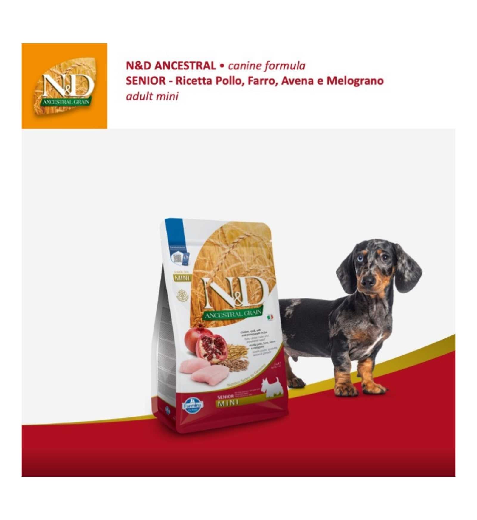 FARMINA N&D ANCESTRAL GRAIN LOW GRAIN CANE SENIOR MINI POLLO, FARRO, AVENA E MELOGRANO DA 2,5 KG