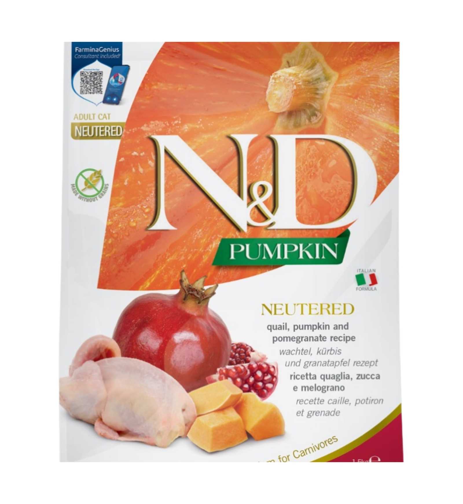 FARMINA N&D PUMPKIN GATTO NEUTERED GRAIN FREE ADULT QUAGLIA ZUCCA E MELOGRANO
