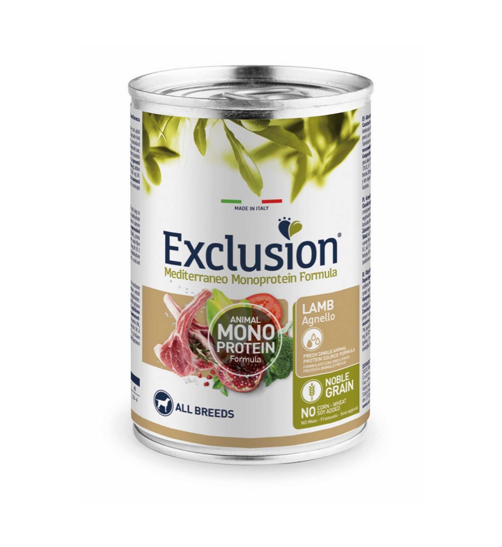EXCLUSION CANE ADULT ALL BREEDS MEDITERRANEO MONOPROTEIN NOBLE GRAIN AGNELLO DA 400 GR IN LATTINA