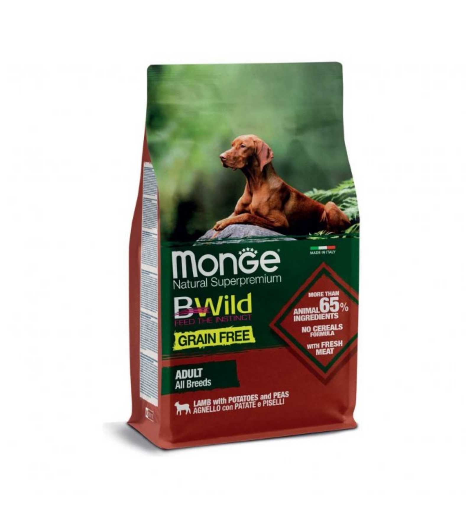 MONGE BWILD CANE ADULT ALL BREEDS GRAIN FREE ALL' AGNELLO CON PATATE E PISELLI