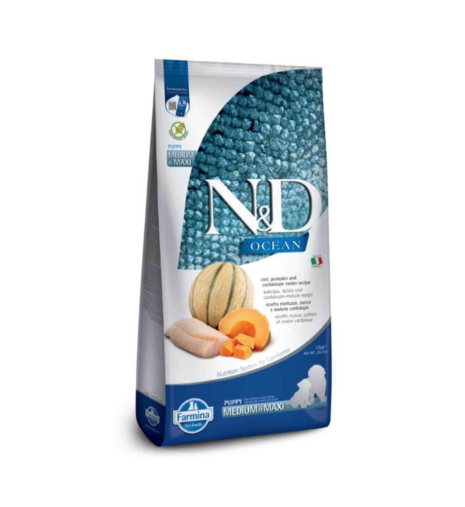 FARMINA N&D OCEAN CANE PUPPY MEDIUM E MAXI MERLUZZO ZUCCA E MELONE