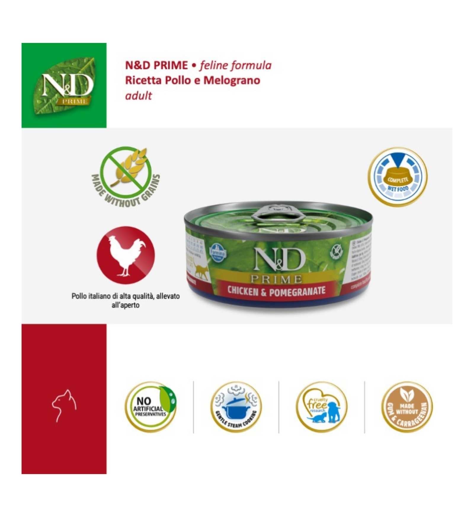 FARMINA N&D DELICIOUS GRAIN FREE GATTO PRIME CON POLLO E MELOGRANO DA 70 GR IN LATTINA
