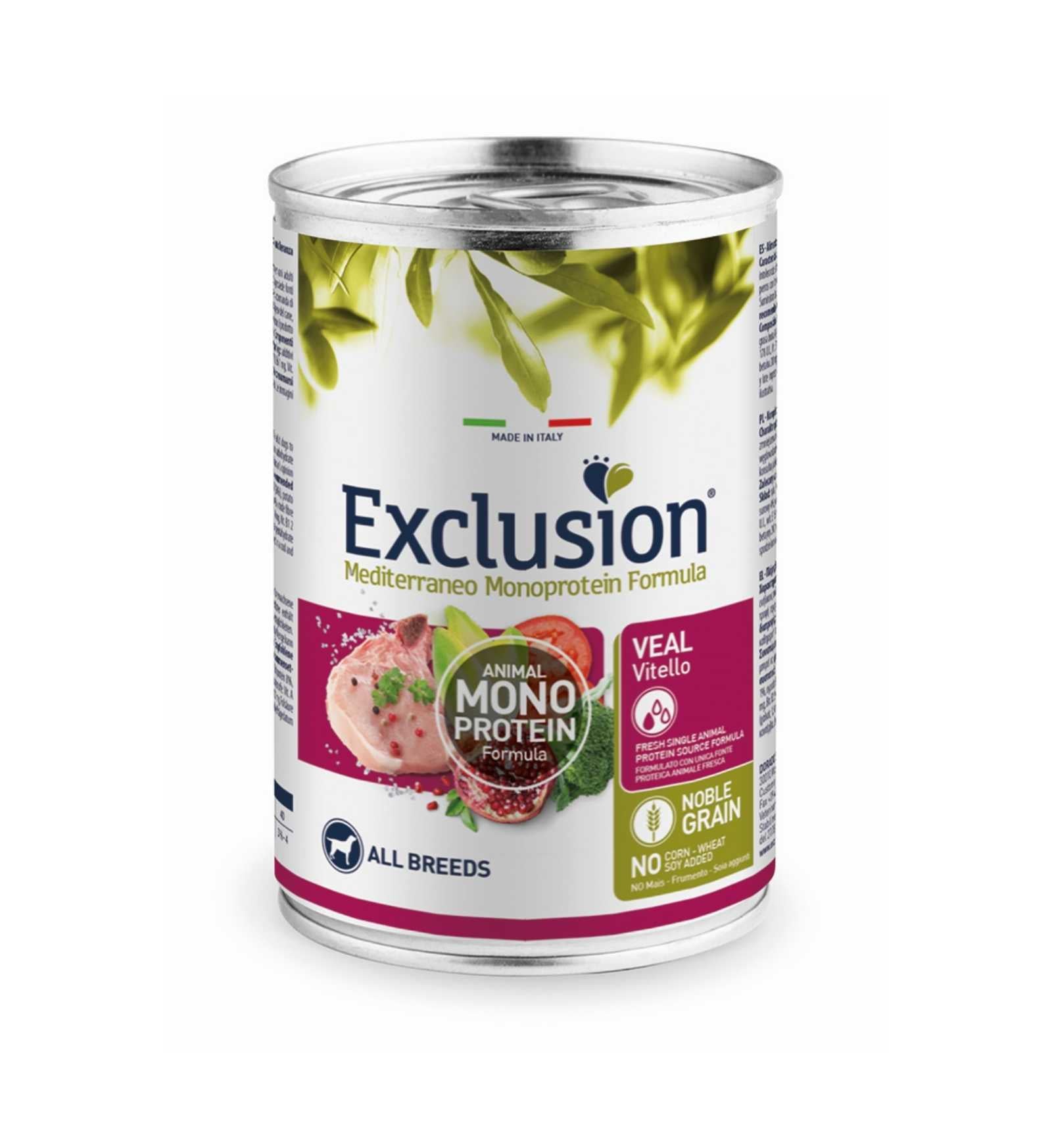EXCLUSION CANE ADULT ALL BREEDS MEDITERRANEO MONOPROTEIN NOBLE GRAIN VITELLO DA 400 GR IN LATTINA