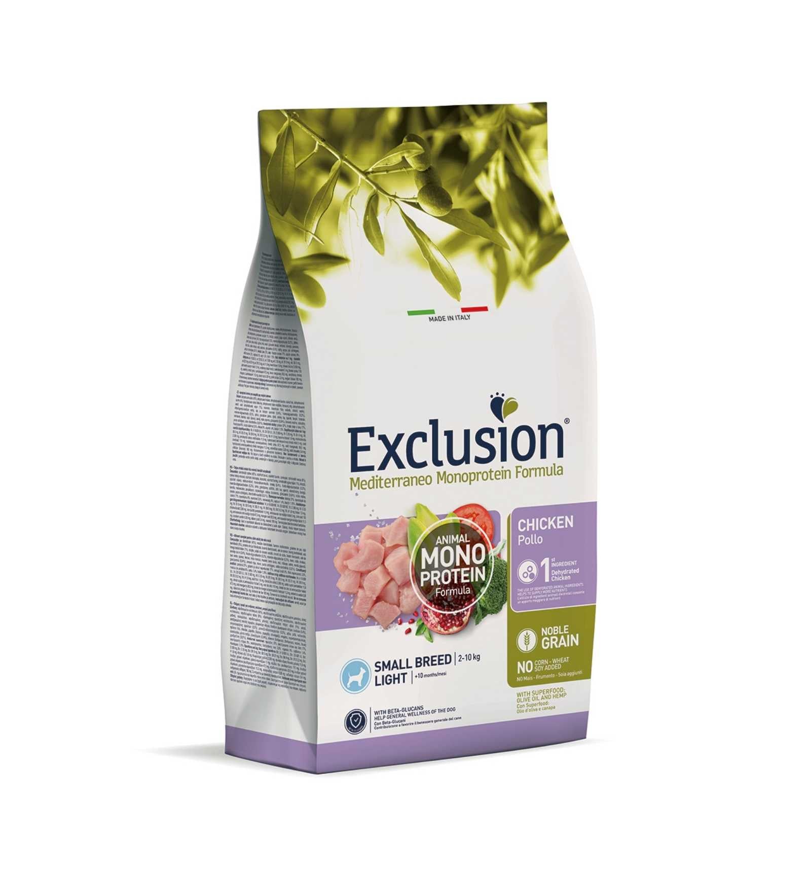 EXCLUSION CANE ADULT SMALL BREED NOBLE GRAIN MONOPROTEICO LIGHT AL POLLO DA 2 KG